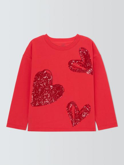 John Lewis Kids' Sequin Heart Jersey Top, Red - view 2, Red