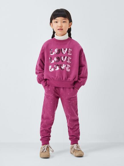 John Lewis Kids' Heart Print Joggers, Berry - view 2, Berry