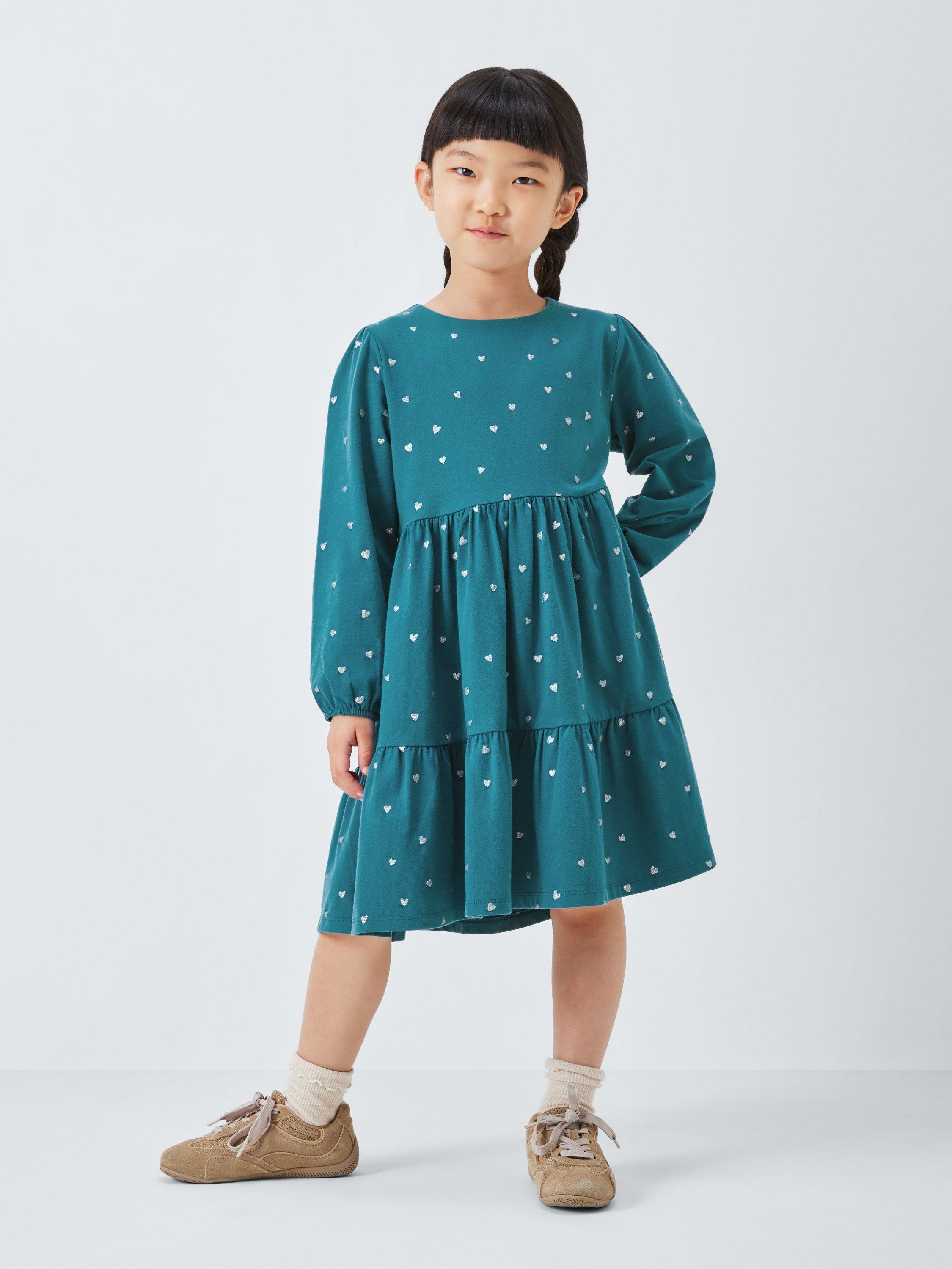 Product image 1 of 8, which shows John Lewis Kids' Glitter Heart Jersey Dress, Multi, 7 years