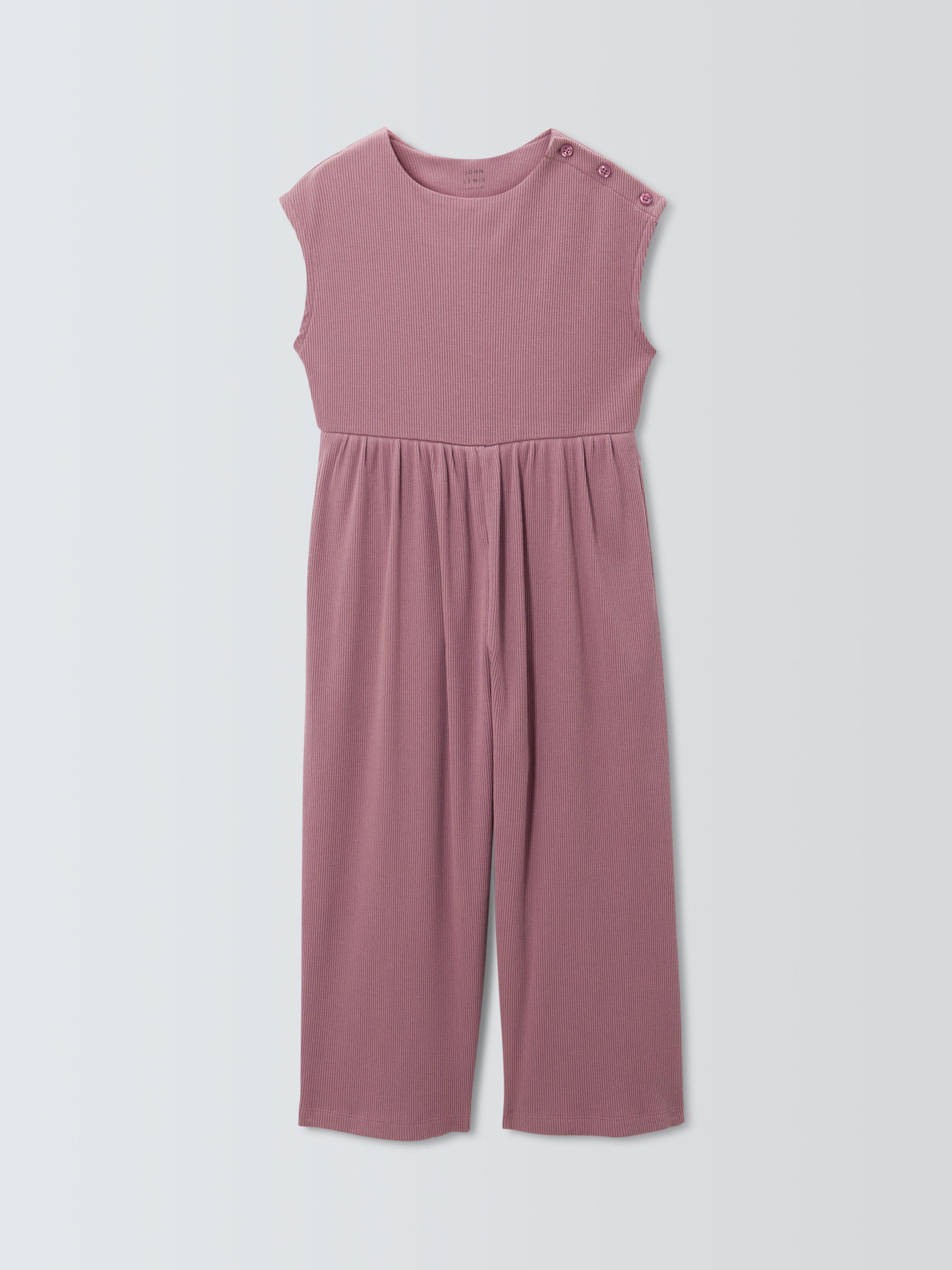 Product image 1 of 3, which shows John Lewis Kids' Ribbed Jersey Jumpsuit, Dark Pink, 3 years