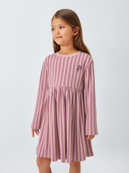 John Lewis Kids' Rib Stripe Flower Dress, Pink Stripe, Pink Stripe