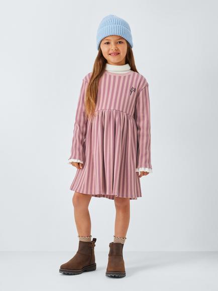 John Lewis Kids' Rib Stripe Flower Dress, Pink Stripe - view 2, Pink Stripe