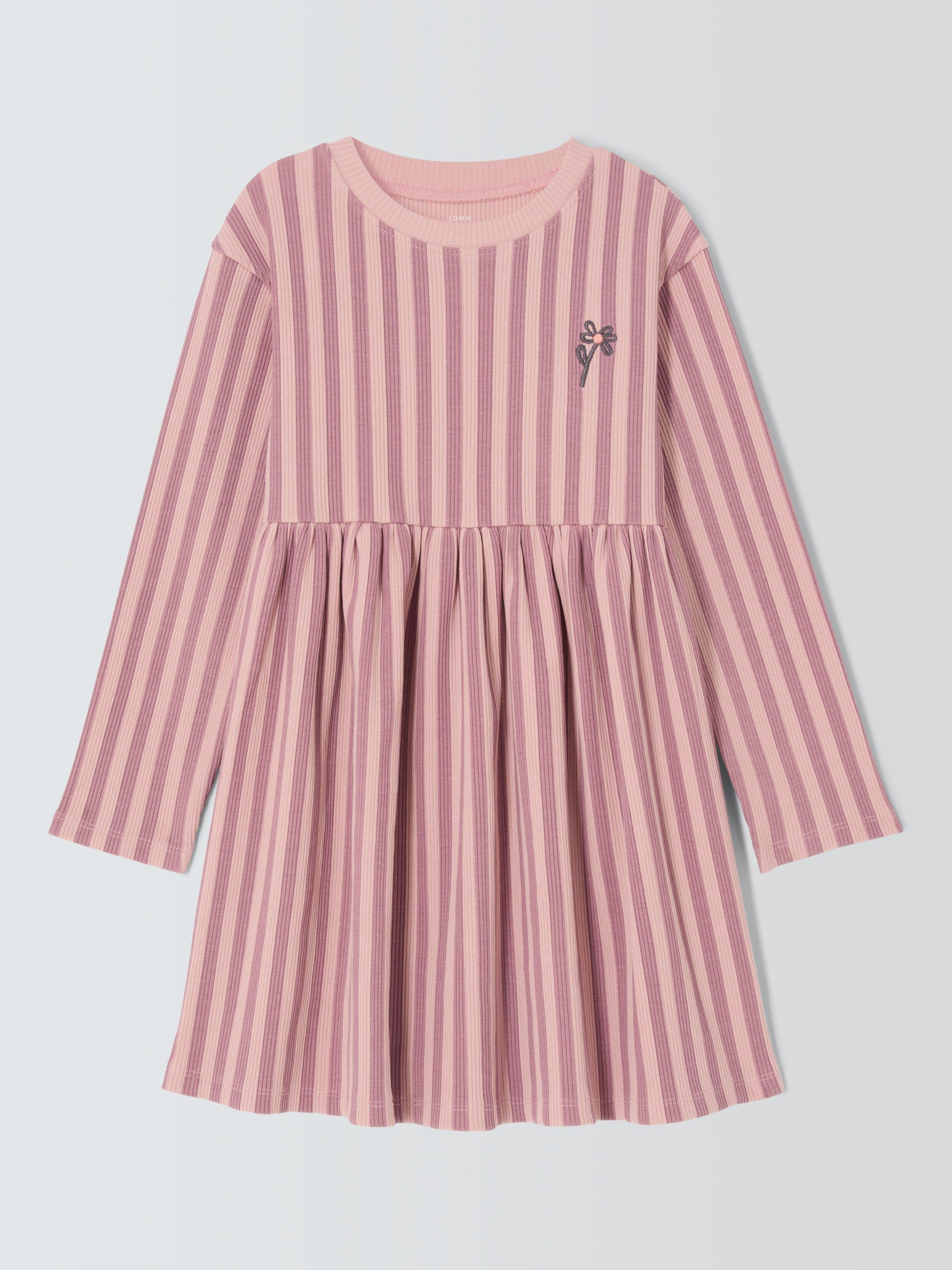 Product image 1 of 3, which shows John Lewis Kids' Rib Stripe Flower Dress, Pink Stripe, 3 years