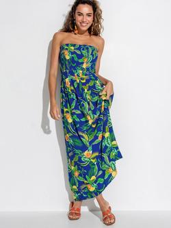 Pour Moi Strapless Shirred Bodice Maxi Beach Dress, Blue Tropical, Blue Tropical
