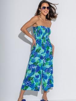 Pour Moi Strapless Shirred Bodice Crop Leg Beach Jumpsuit, Aqua Tropical, Aqua Tropical