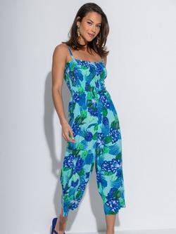 Pour Moi Strapless Shirred Bodice Crop Leg Beach Jumpsuit, Aqua Tropical - view 2, Aqua Tropical