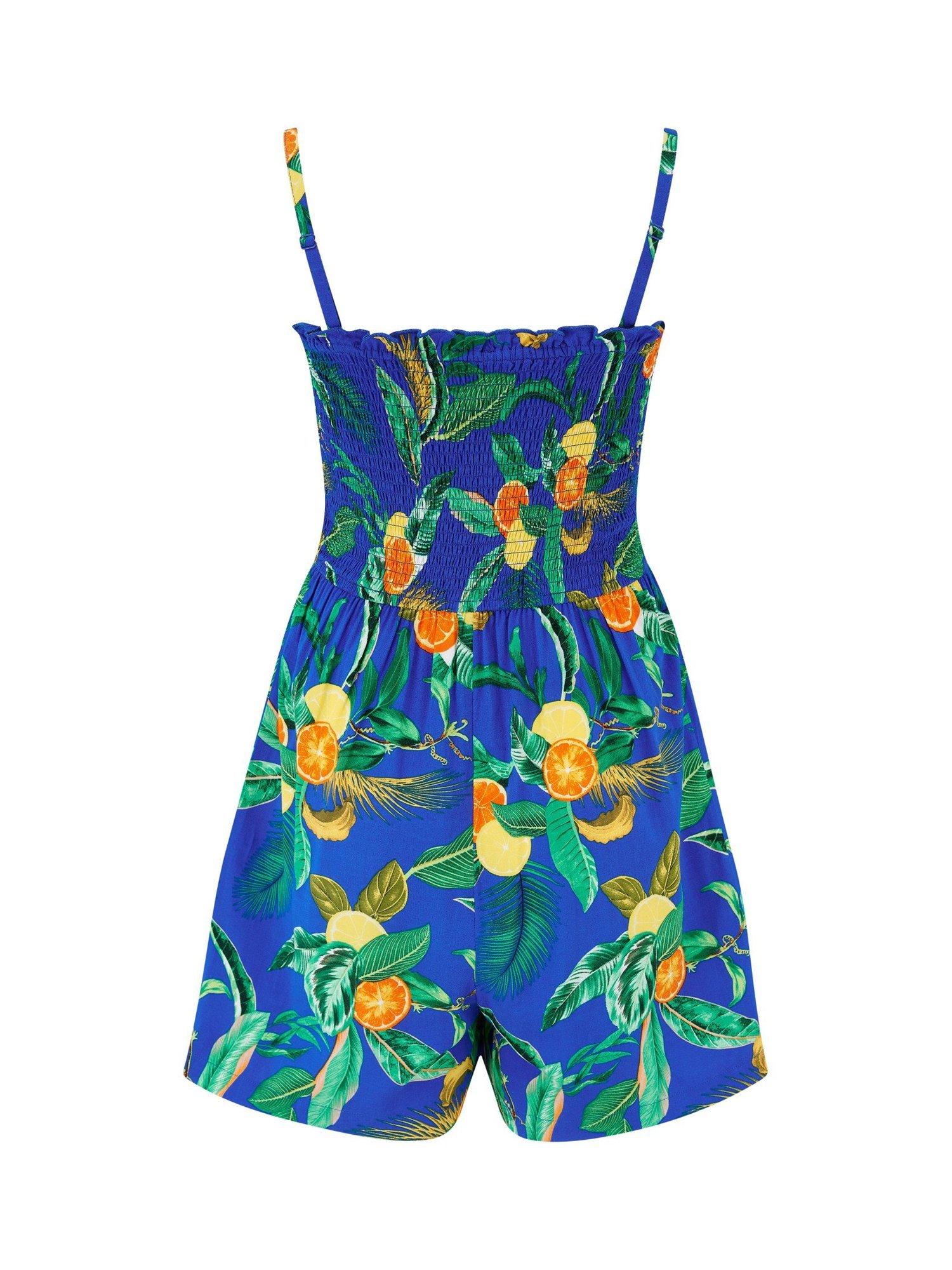 Product image 6 of 7, which shows Pour Moi Strapless Shirred Bodice Beach Playsuit, Blue Tropical, 8