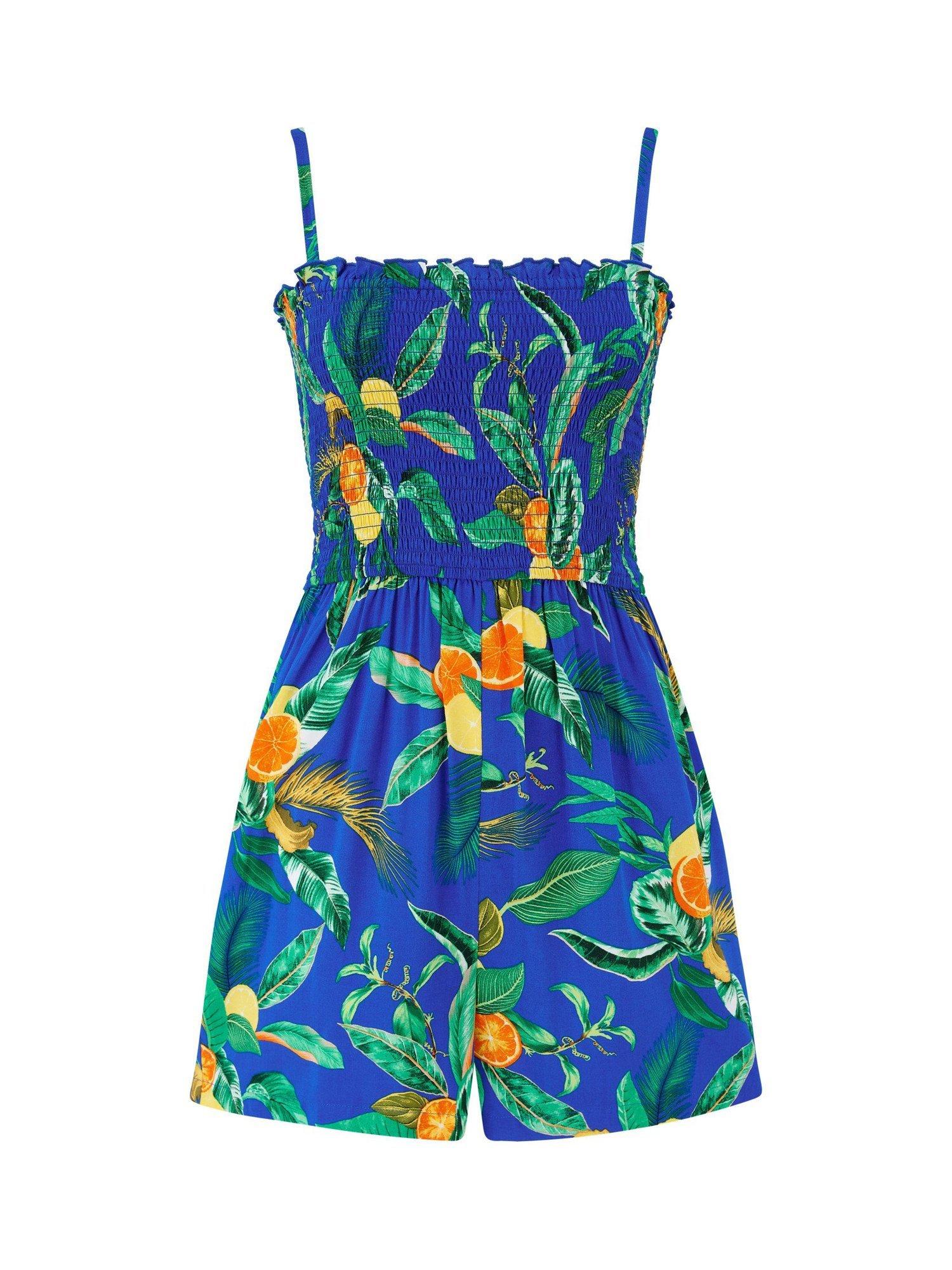 Product image 7 of 7, which shows Pour Moi Strapless Shirred Bodice Beach Playsuit, Blue Tropical, 8