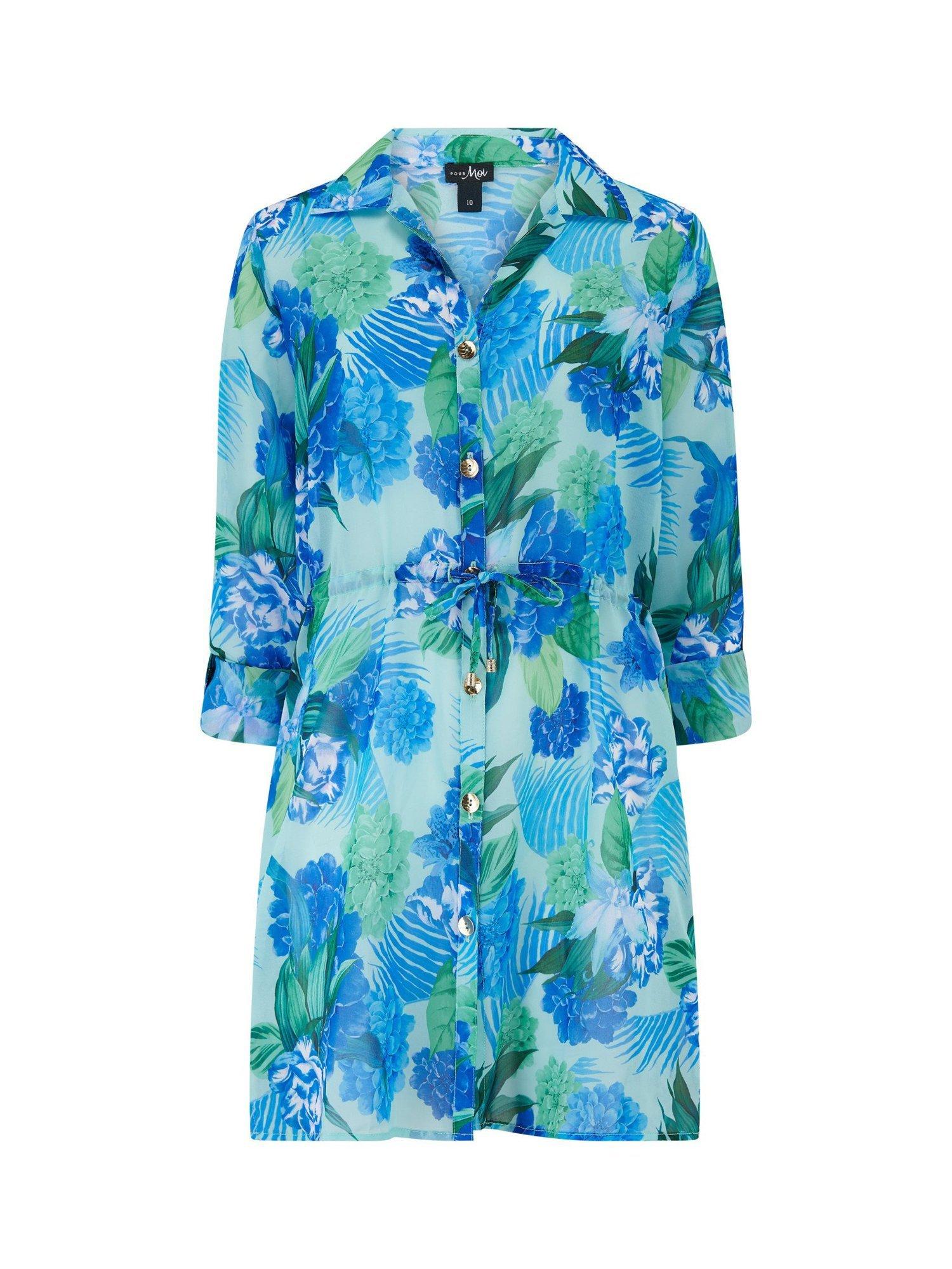 Product image 7 of 8, which shows Pour Moi Chiffon Button-Through Beach Shirt, Aqua Tropical, 8