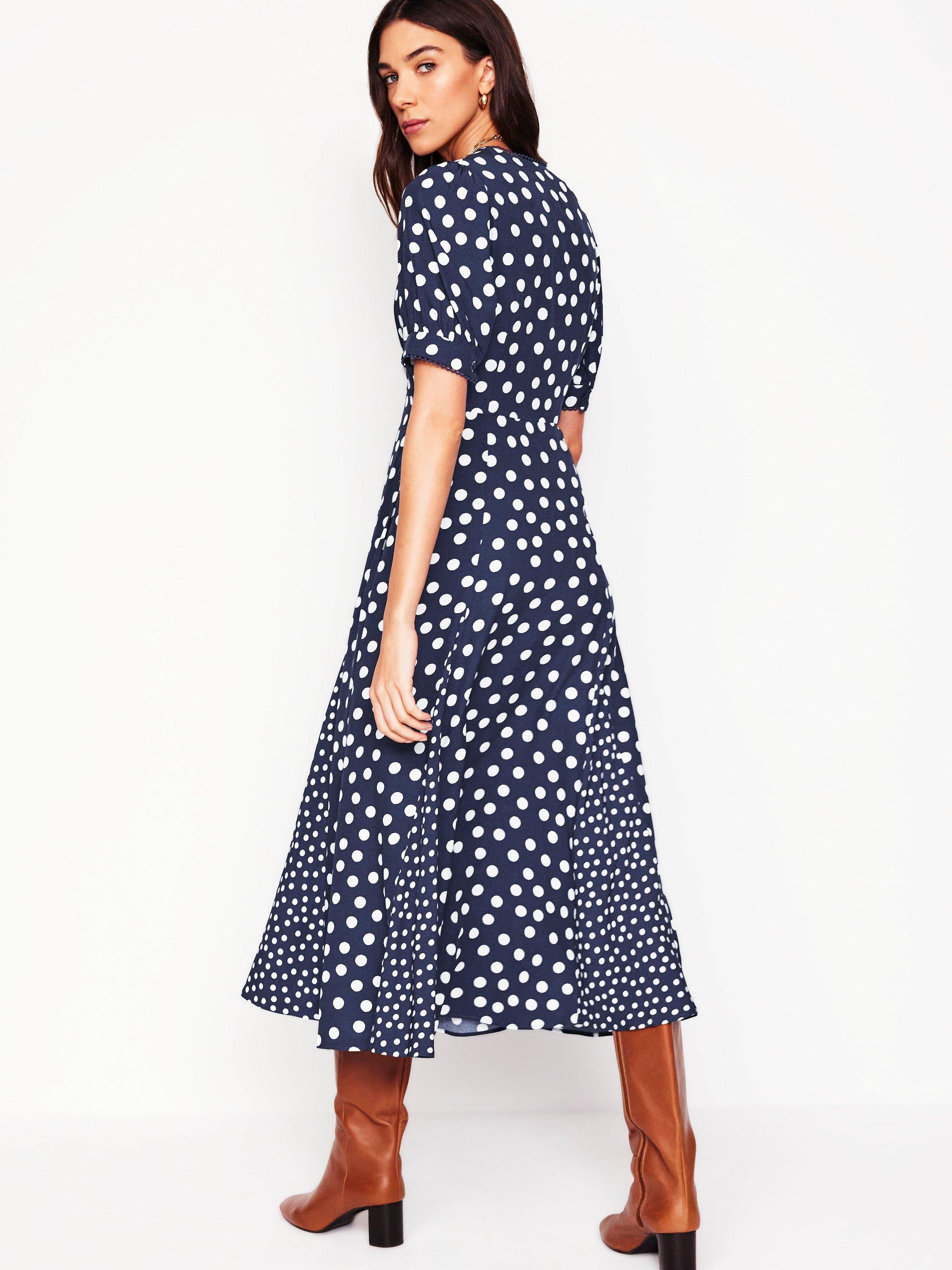Product image 3 of 5, which shows Boden Rosie Spot Godet Tea Dress, Navy, Abstract Dot, 8