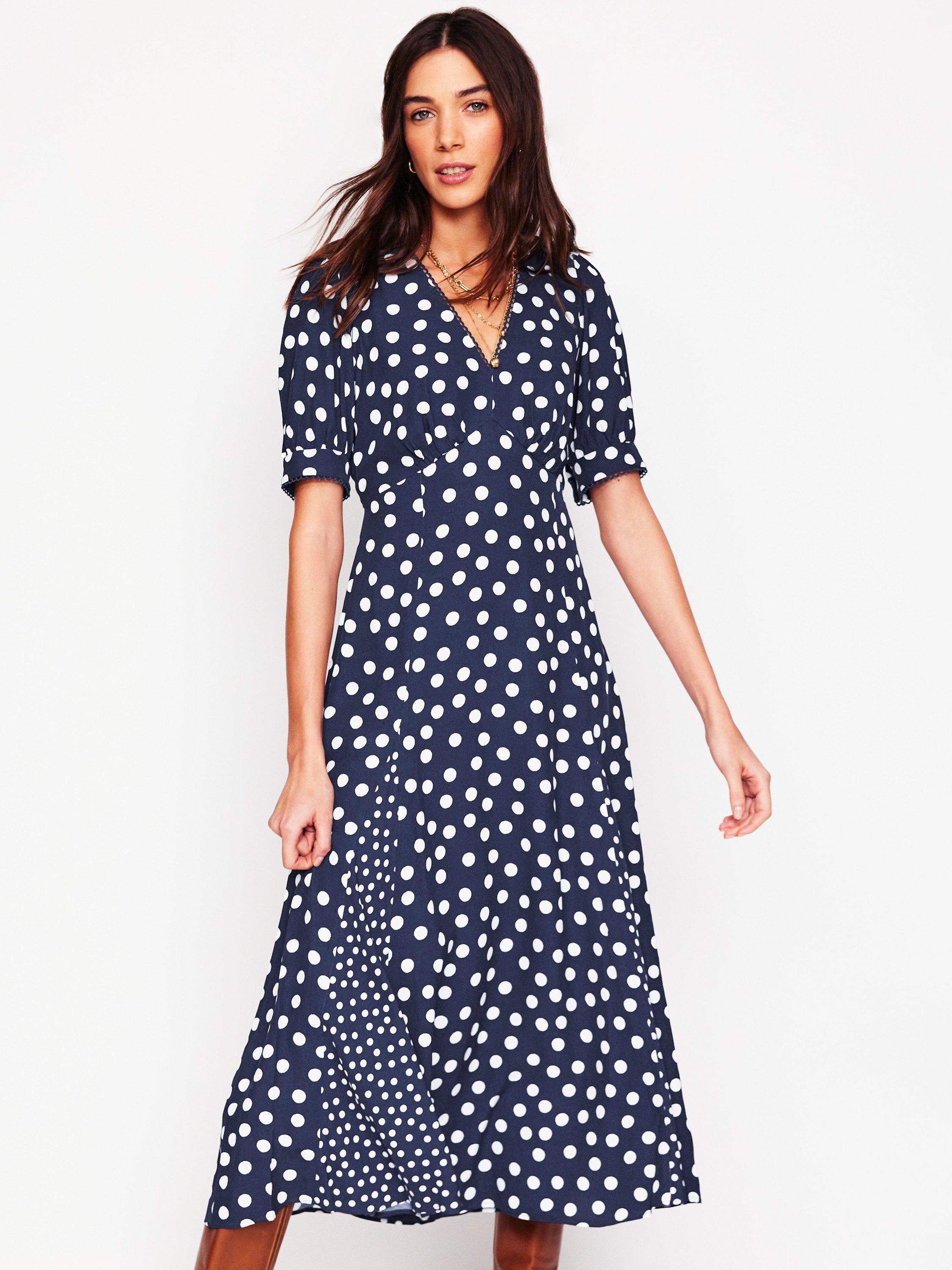 Product image 4 of 5, which shows Boden Rosie Spot Godet Tea Dress, Navy, Abstract Dot, 8