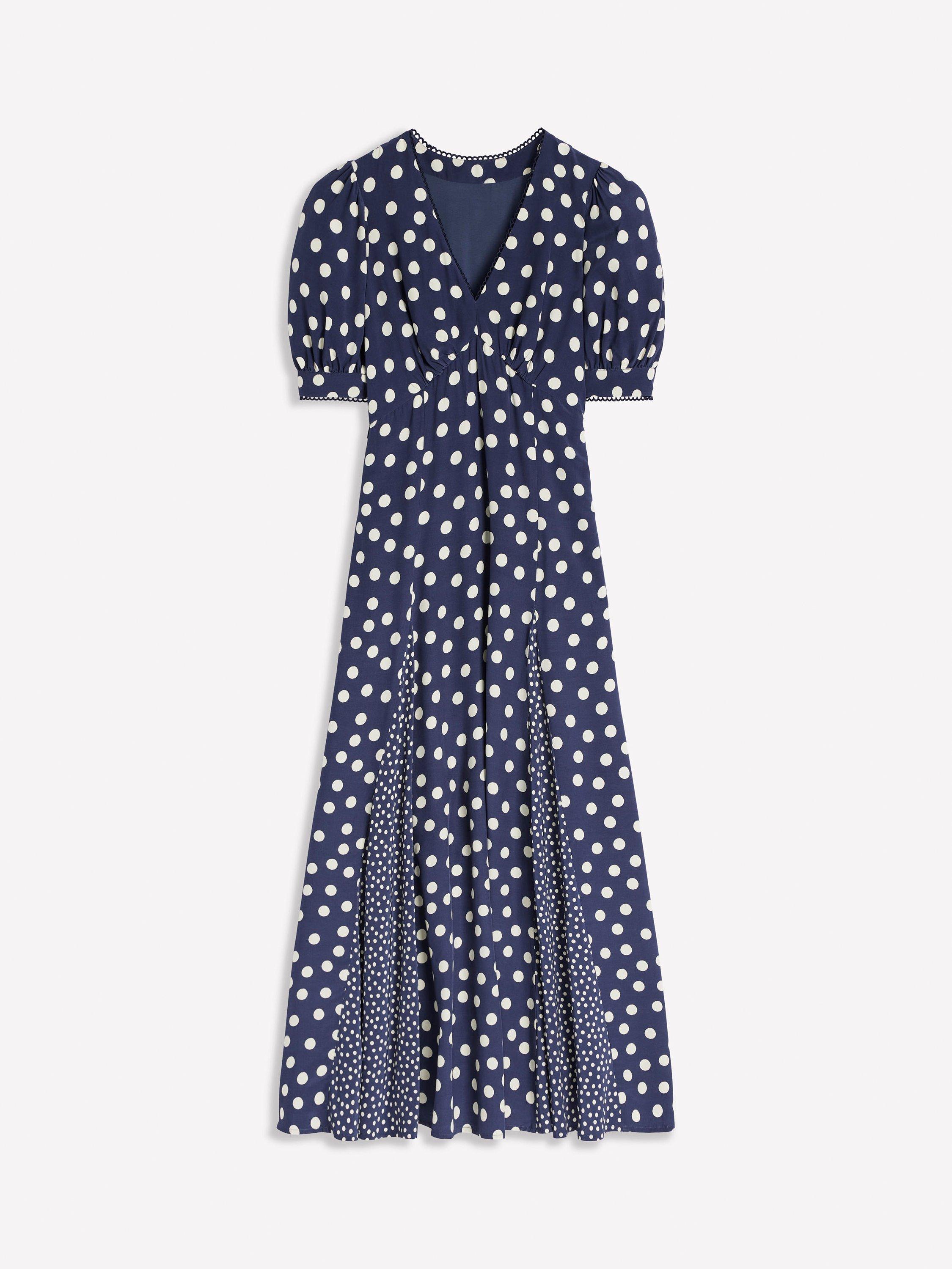 Product image 5 of 5, which shows Boden Rosie Spot Godet Tea Dress, Navy, Abstract Dot, 8