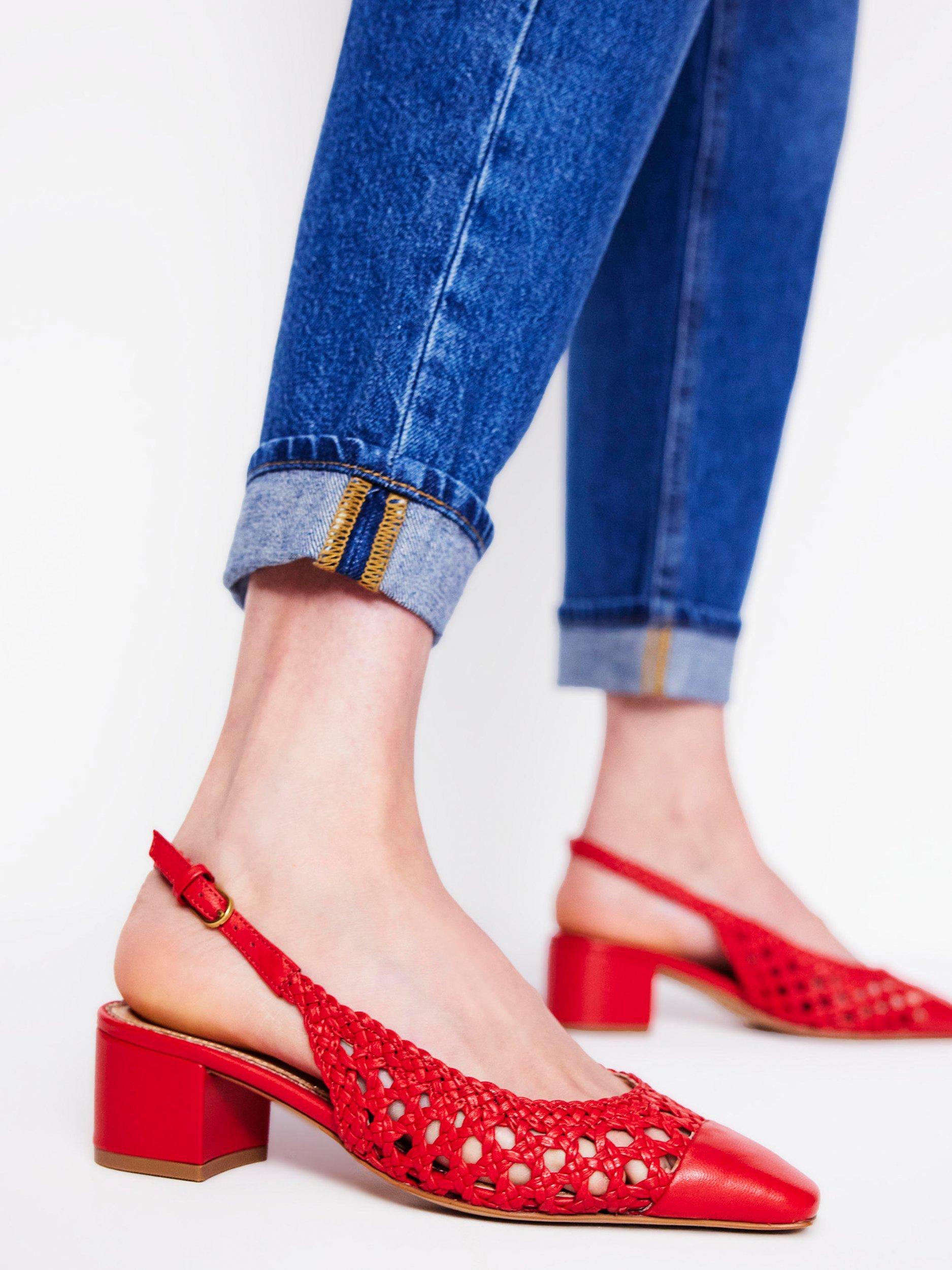 Product image 5 of 5, which shows Boden Woven Leather Block Heel Slingback Court Shoes, Post Box Red, 4