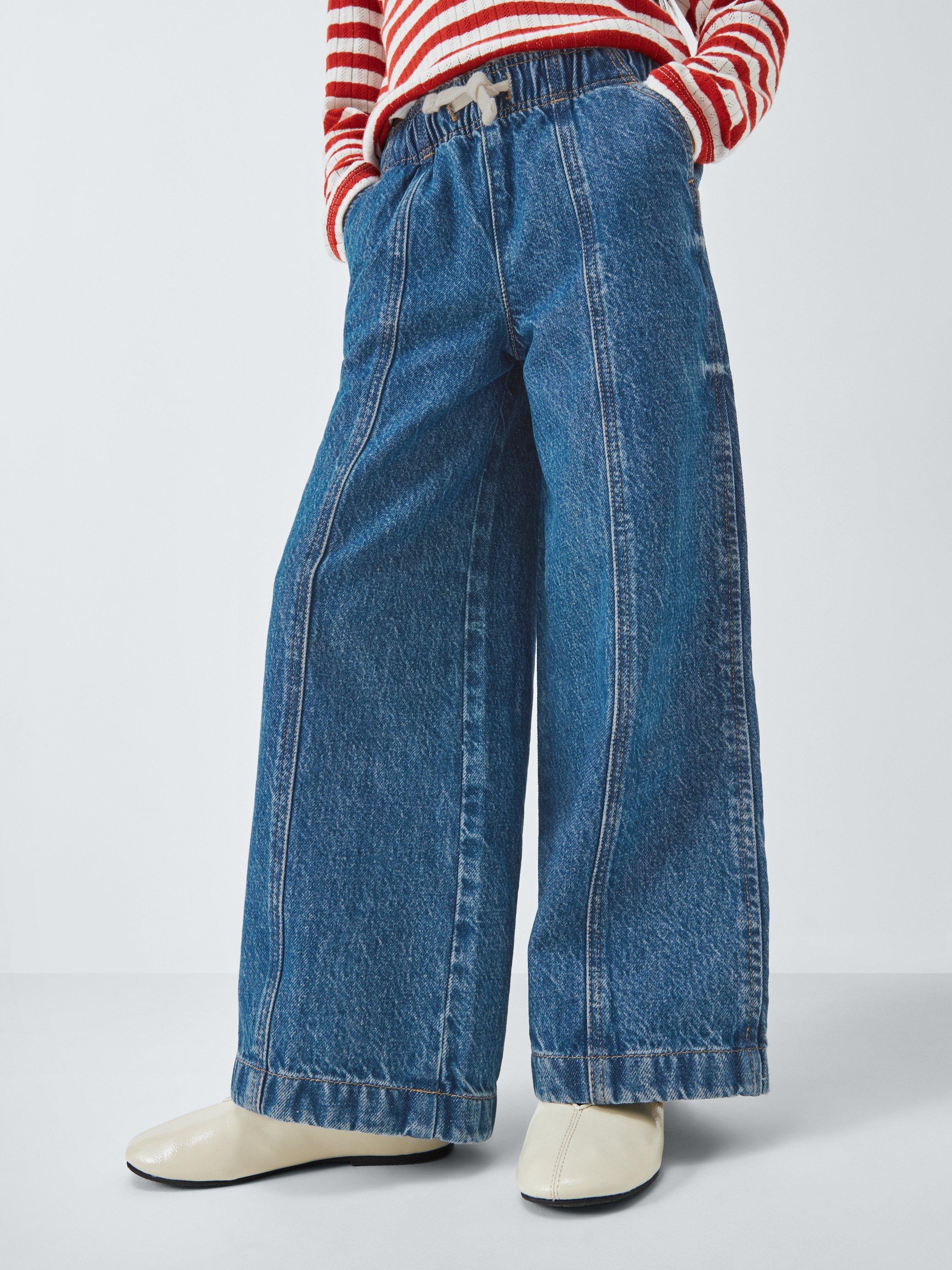 Product image 1 of 7, which shows John Lewis Kids' Drawstring Wide Leg Jeans, Blue, 3 years