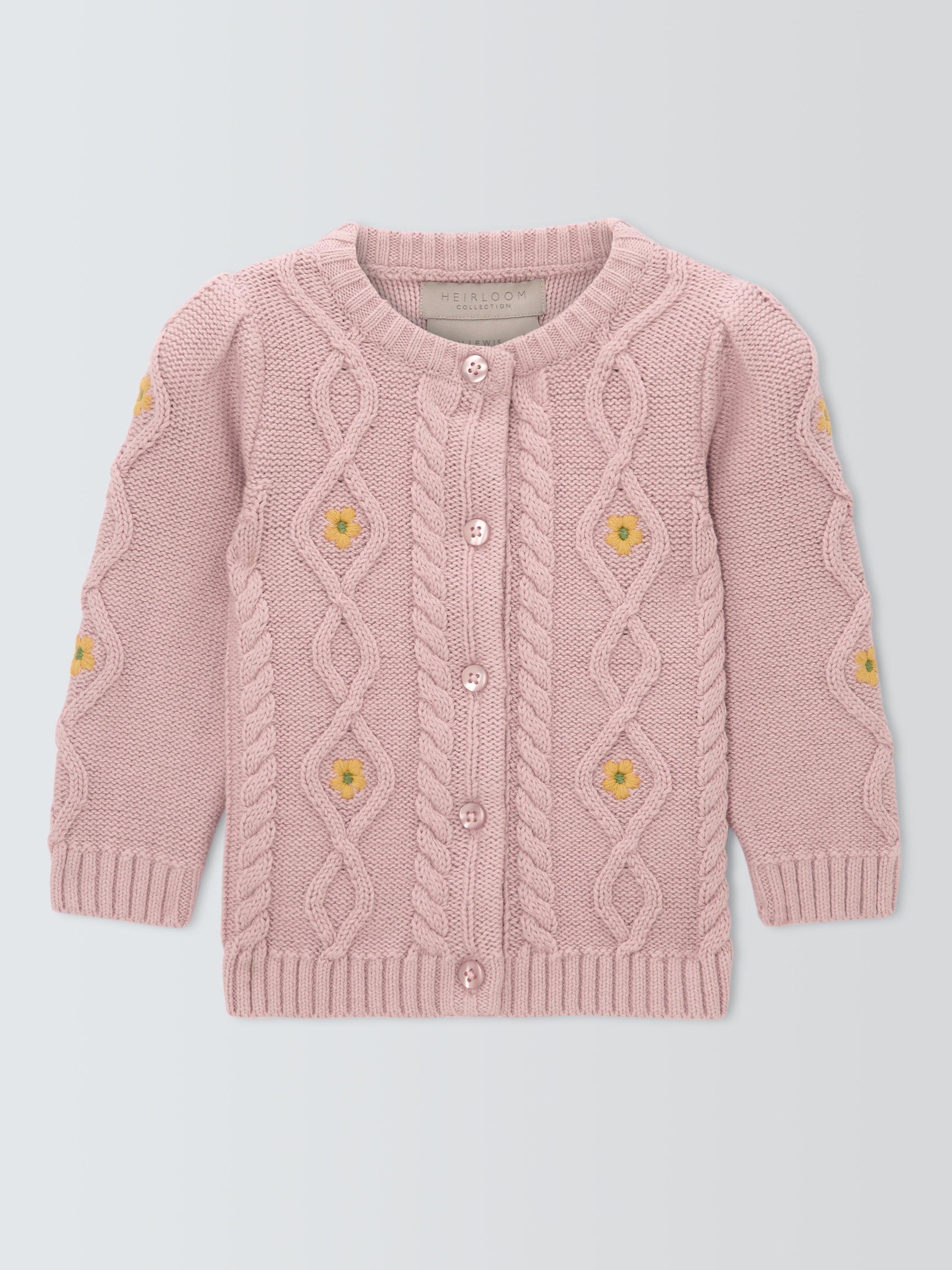 Product image 1 of 3, which shows John Lewis Heirloom Collection Baby Cable Knit Embroidered Cardigan, Pink, 0-3 months