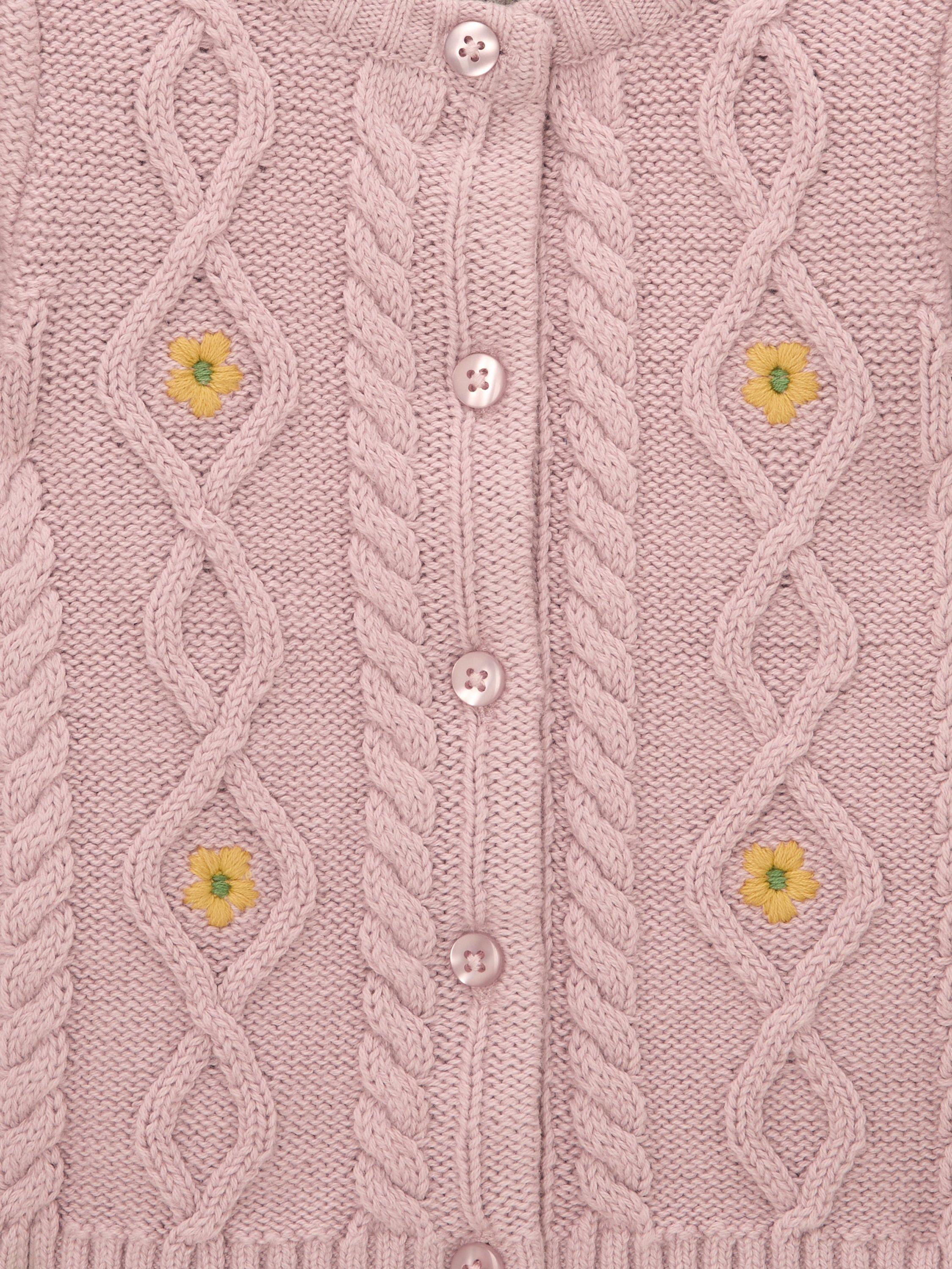 Product image 3 of 3, which shows John Lewis Heirloom Collection Baby Cable Knit Embroidered Cardigan, Pink, 0-3 months