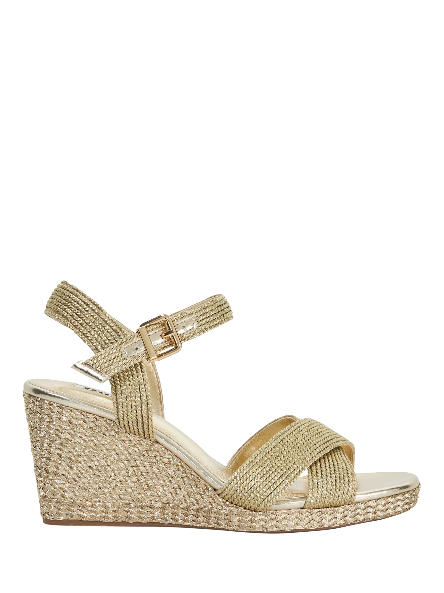 Product image 1 of 5, which shows Dune London Kolden Metallic Braided Wedge Heeled Sandals, Gold, EU36