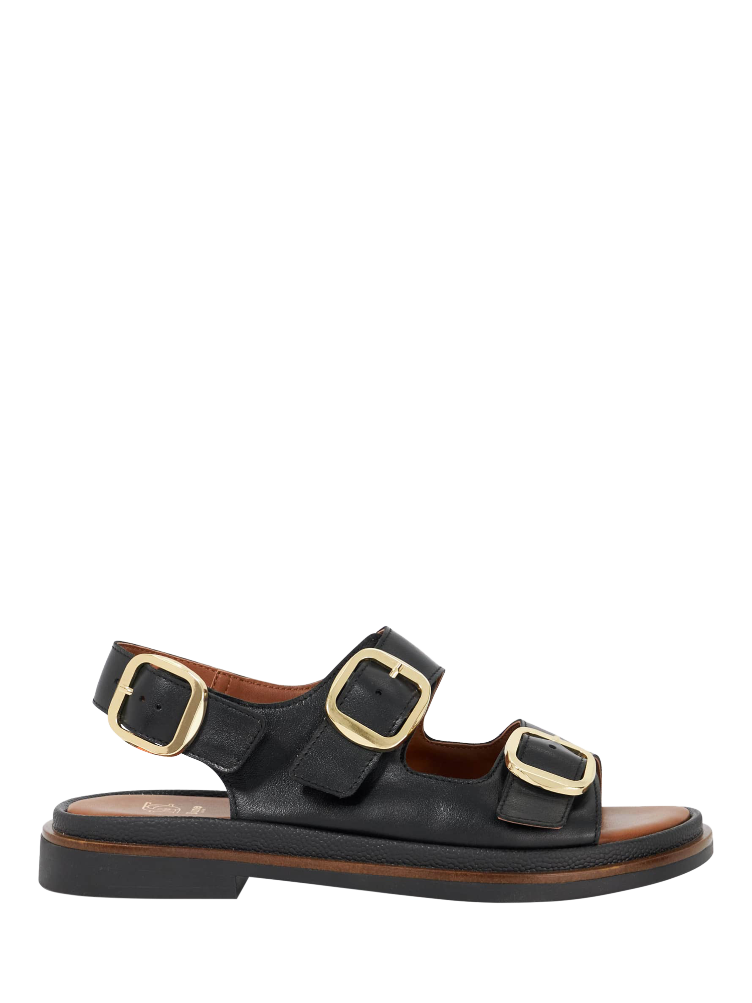 Product image 1 of 5, which shows Dune London Luckles Leather Triple Buckle Footbed Sandals, Black, EU36