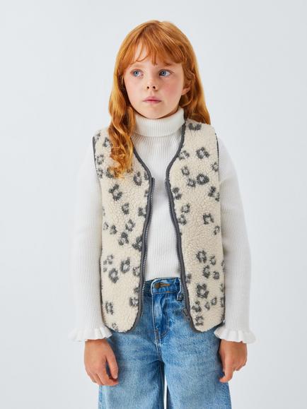 John Lewis Kids' Animal Print Borg Gilet, Cream Leo, Cream Leo