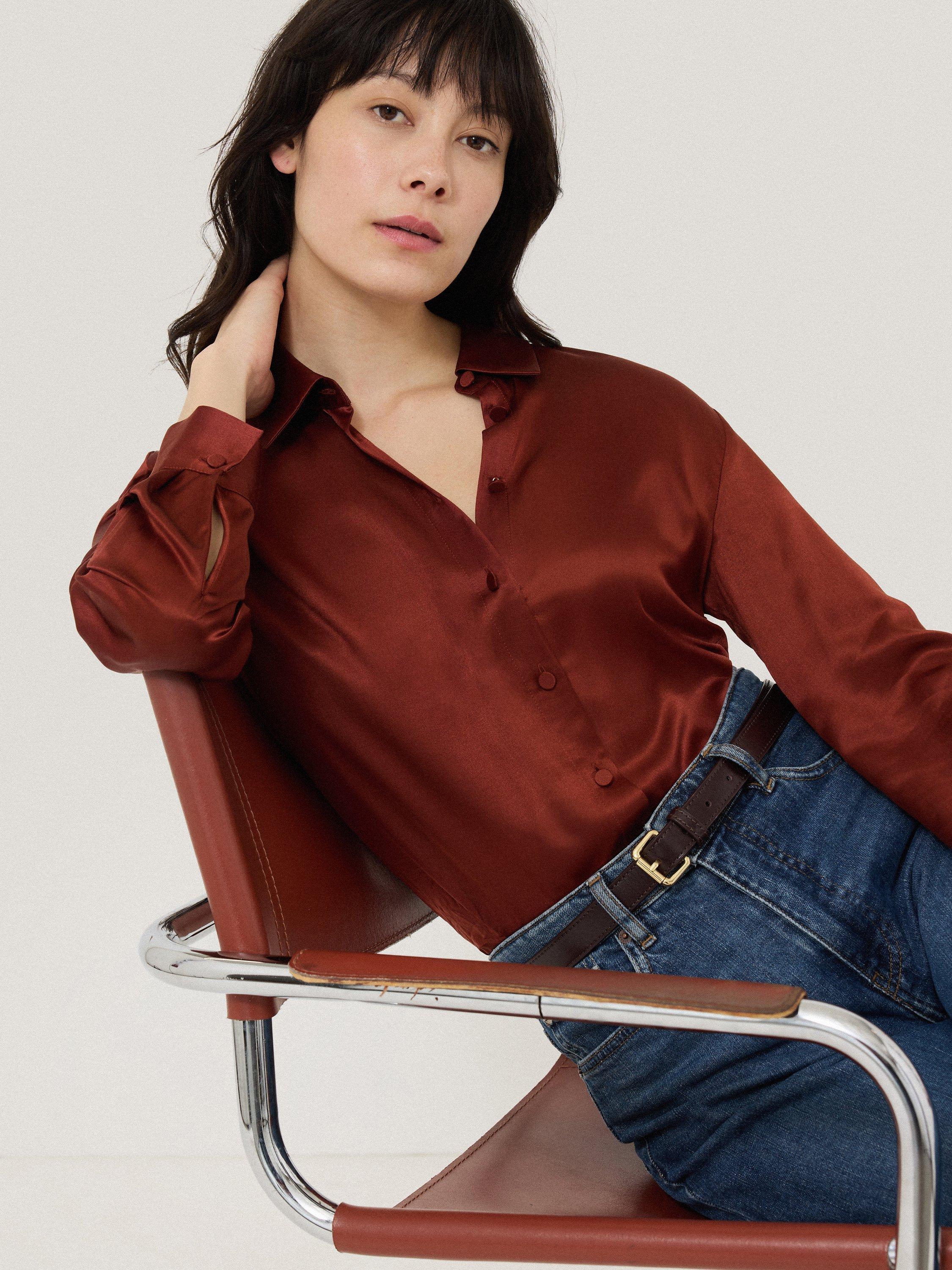 Product image 3 of 5, which shows Jigsaw Satin Twill Shirt, Burgundy, 10