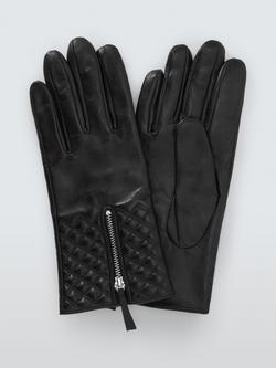 John Lewis Quilted Leather Zip Gloves, Black