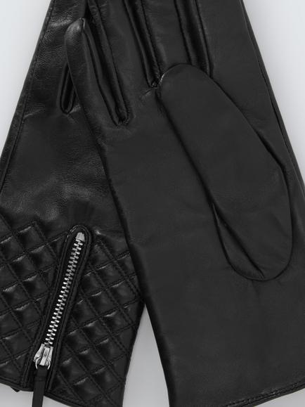 John Lewis Quilted Leather Zip Gloves - view 2, Black