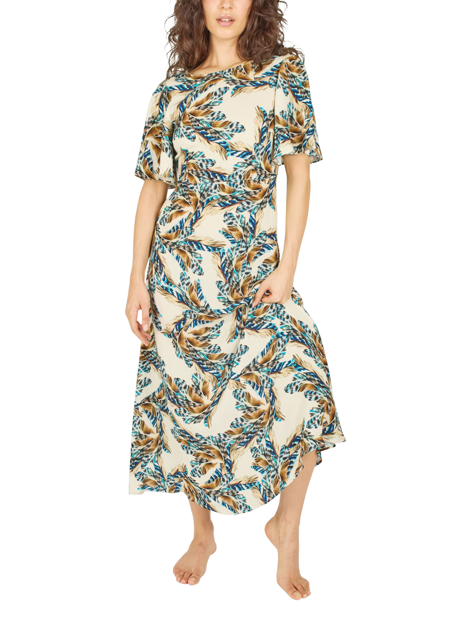Product image 1 of 7, which shows Traffic People Rene Feckless Feather Linen Blend Dress, Cream/Multi, XS