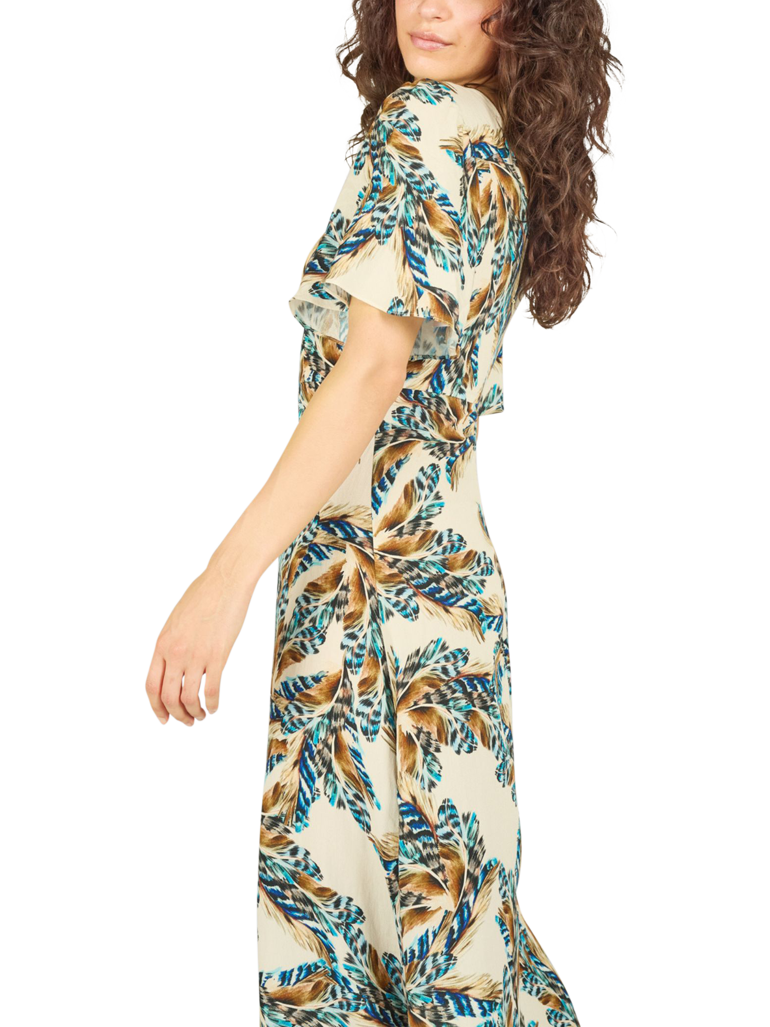 Product image 2 of 7, which shows Traffic People Rene Feckless Feather Linen Blend Dress, Cream/Multi, XS