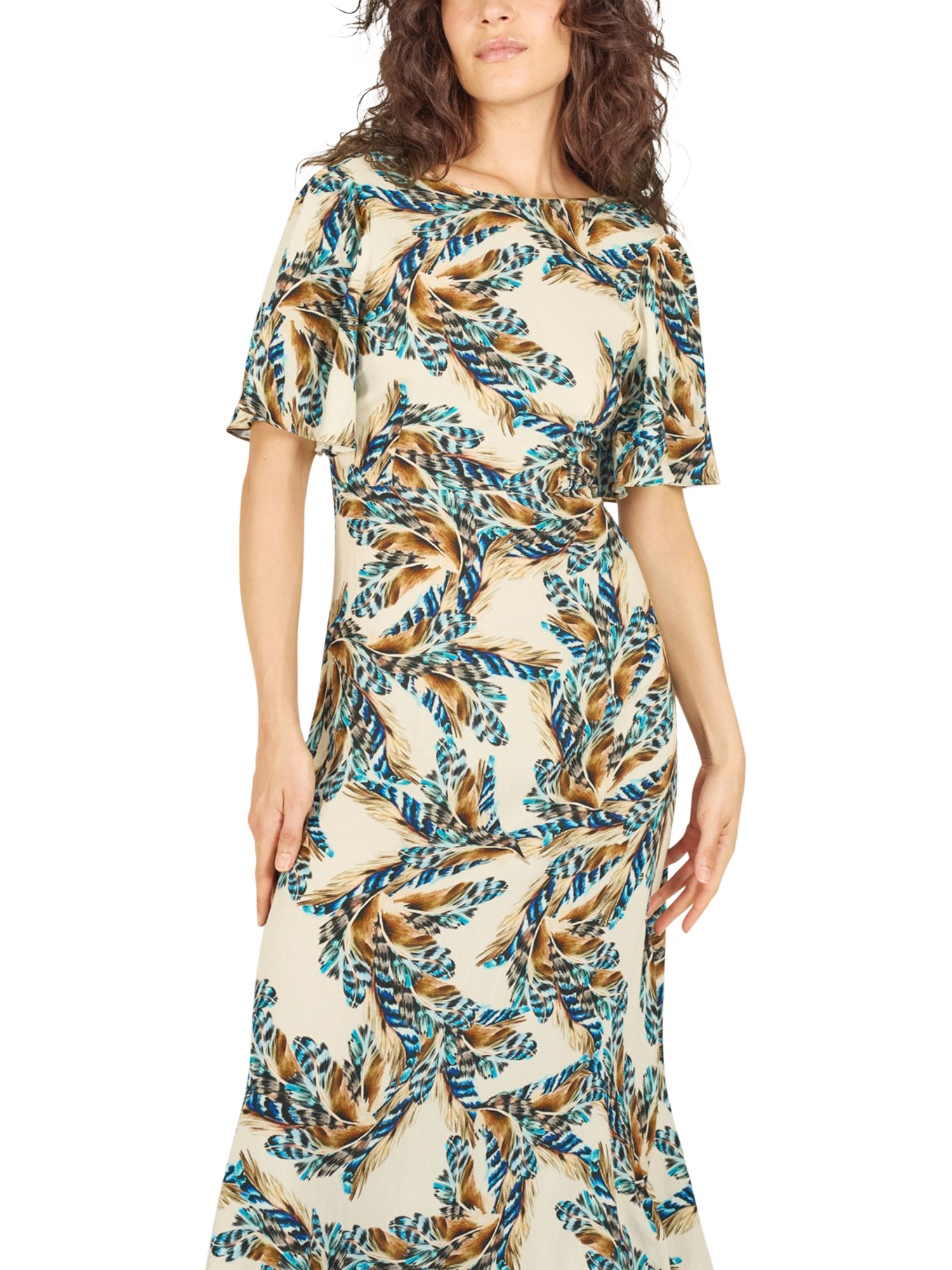 Product image 4 of 7, which shows Traffic People Rene Feckless Feather Linen Blend Dress, Cream/Multi, XS