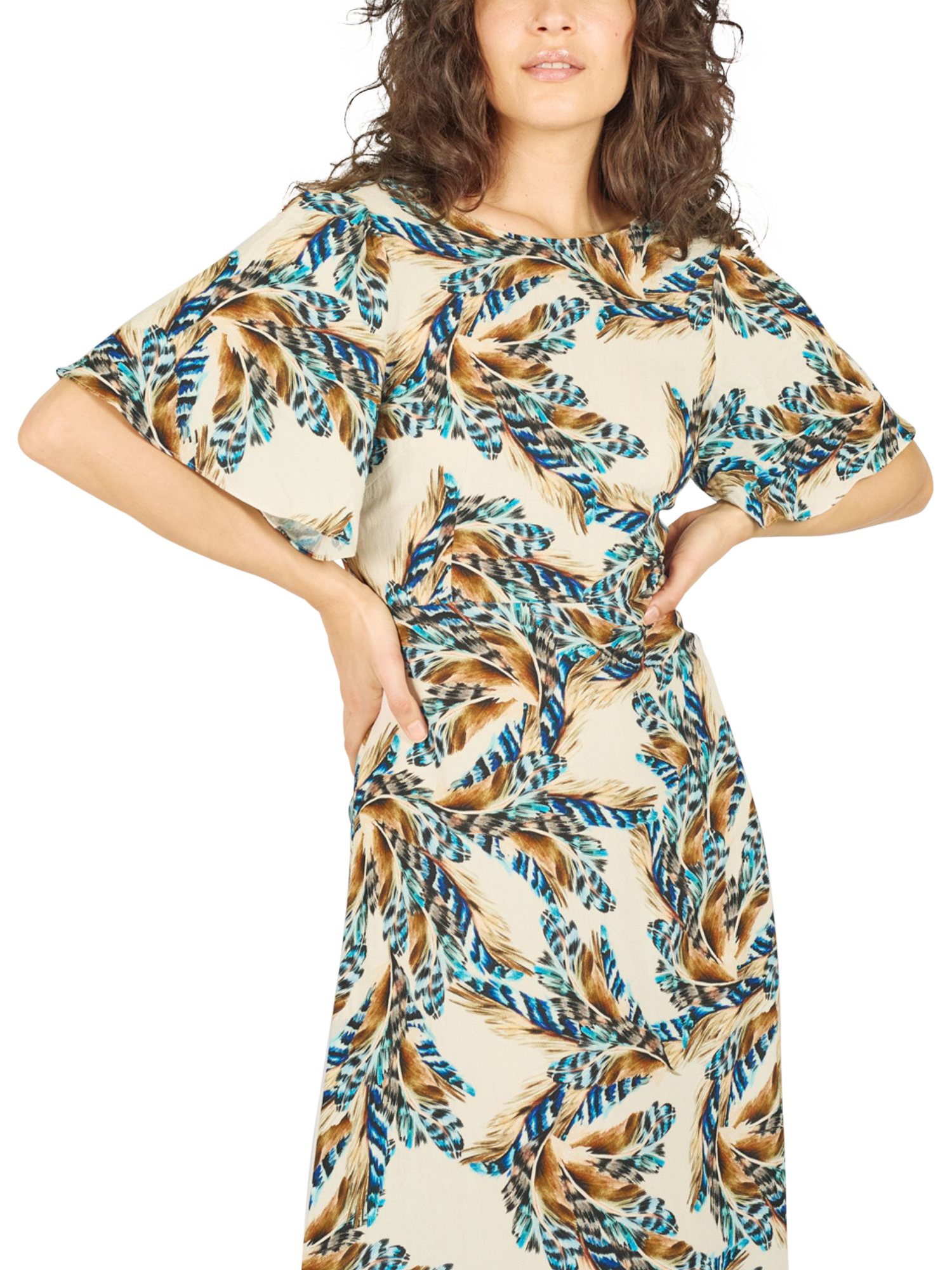 Product image 5 of 7, which shows Traffic People Rene Feckless Feather Linen Blend Dress, Cream/Multi, XS