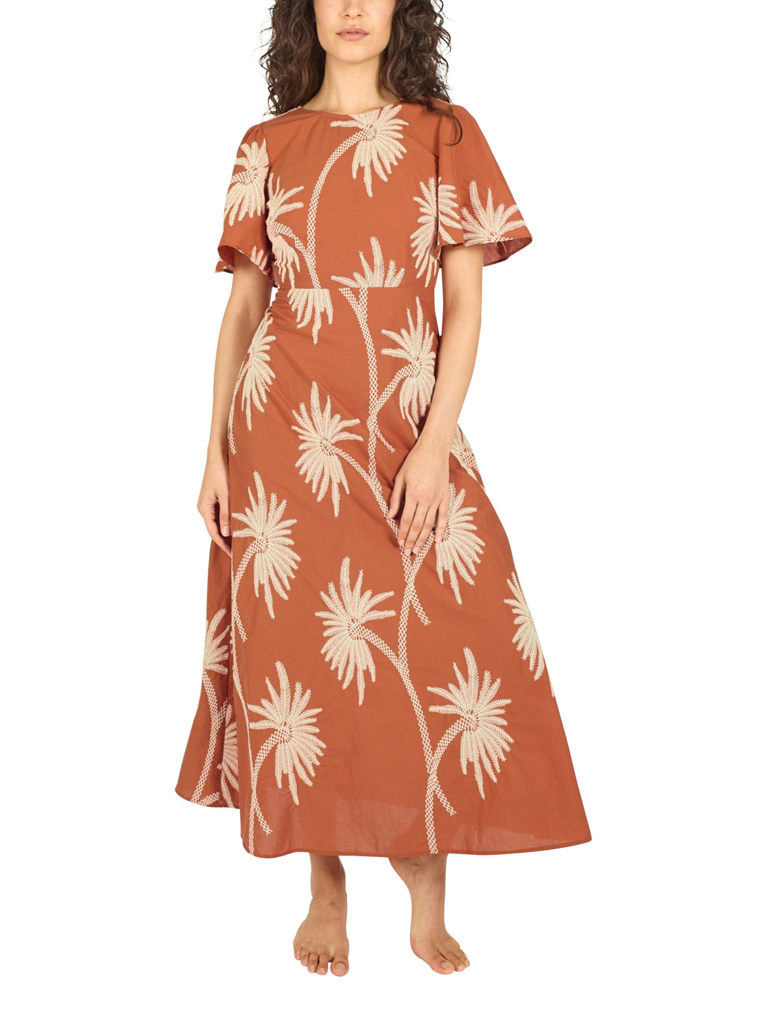Product image 1 of 7, which shows Traffic People Rene Palm Tree Embroidered Cotton Maxi Dress, Rust/White, XS