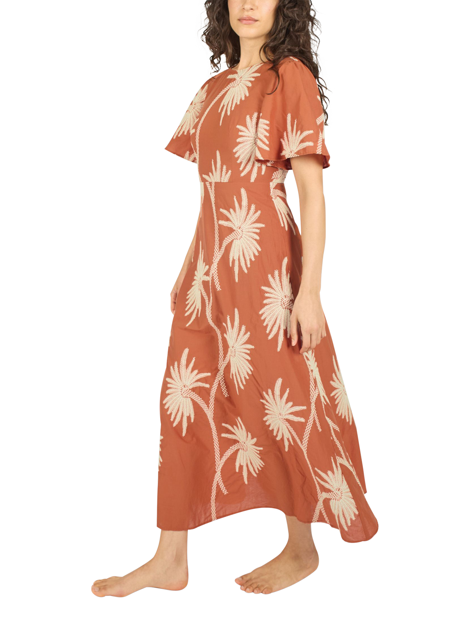 Product image 2 of 7, which shows Traffic People Rene Palm Tree Embroidered Cotton Maxi Dress, Rust/White, XS