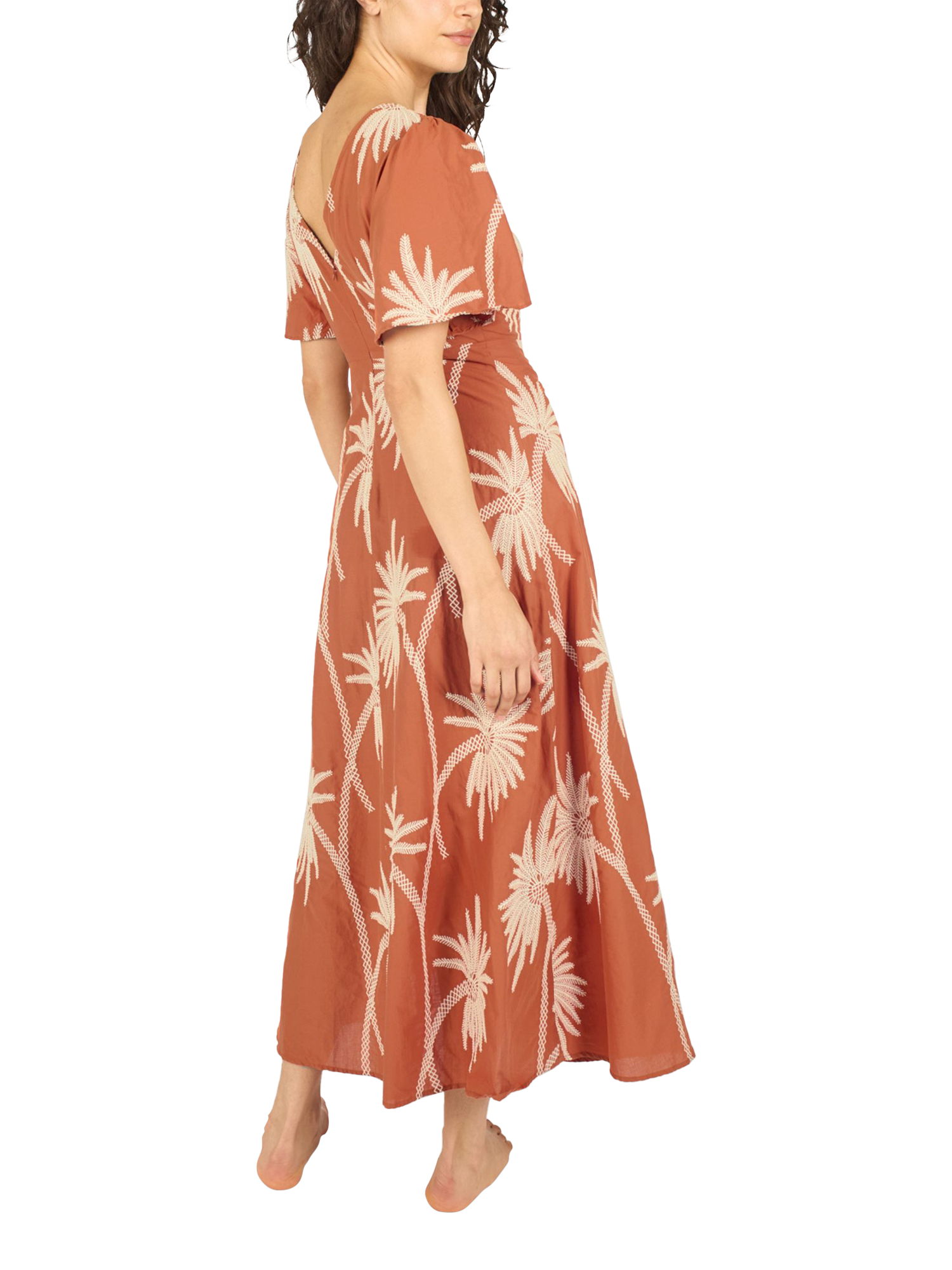 Product image 3 of 7, which shows Traffic People Rene Palm Tree Embroidered Cotton Maxi Dress, Rust/White, XS