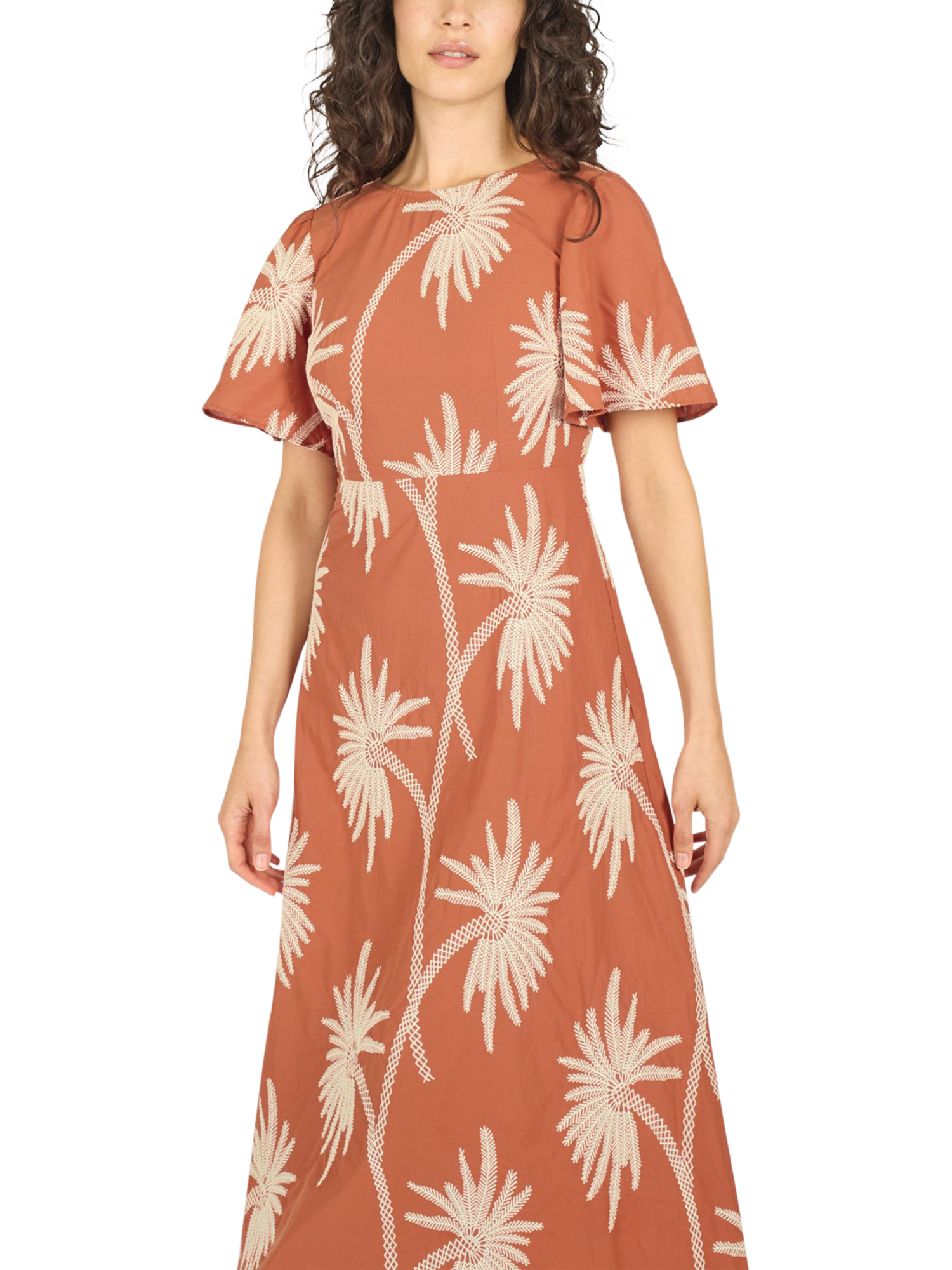 Product image 4 of 7, which shows Traffic People Rene Palm Tree Embroidered Cotton Maxi Dress, Rust/White, XS