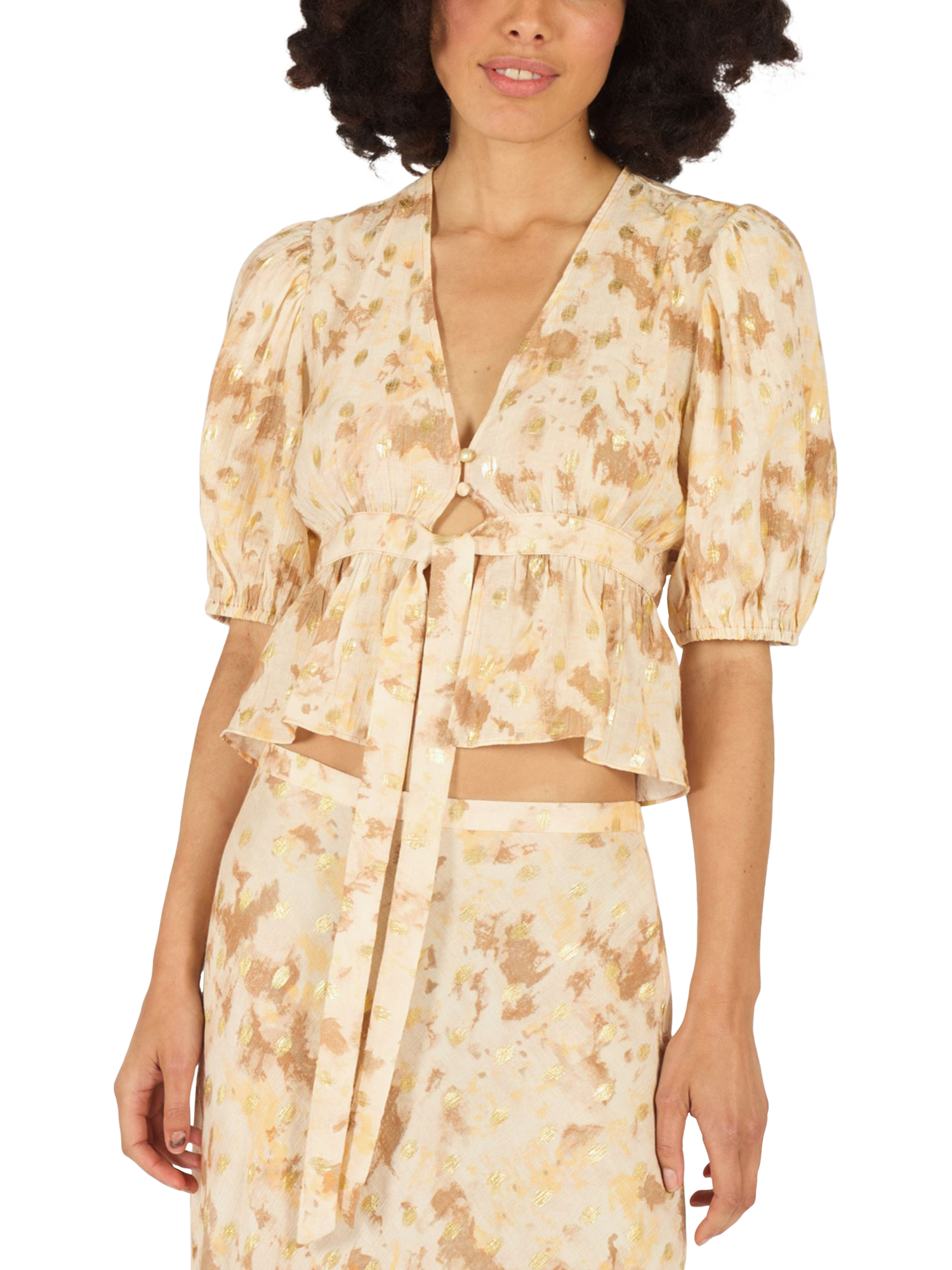 Product image 2 of 6, which shows Traffic People Margot Gold Rush Top, Brown, XS