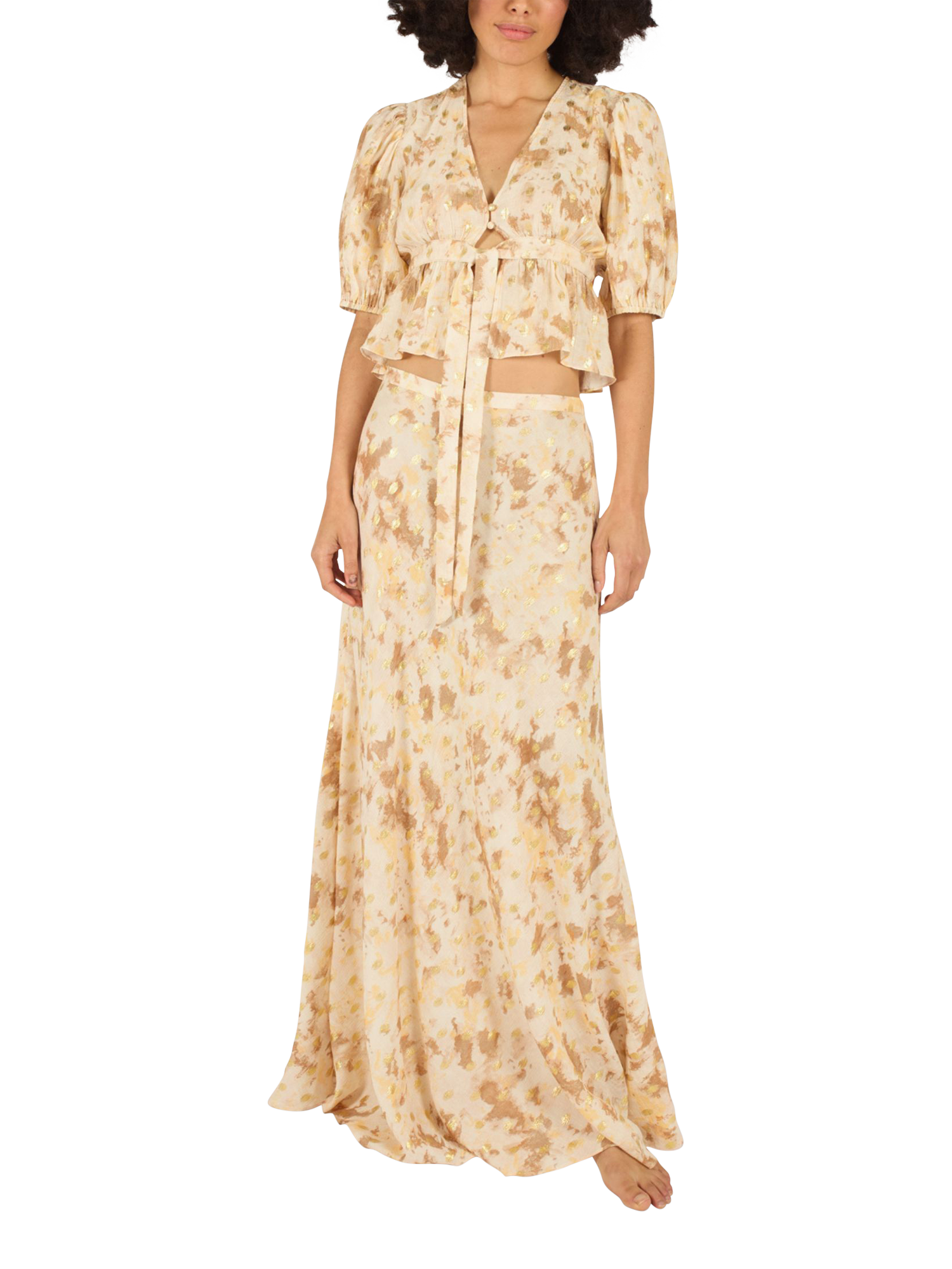 Product image 1 of 6, which shows Traffic People Margot Gold Rush Top, Brown, XS