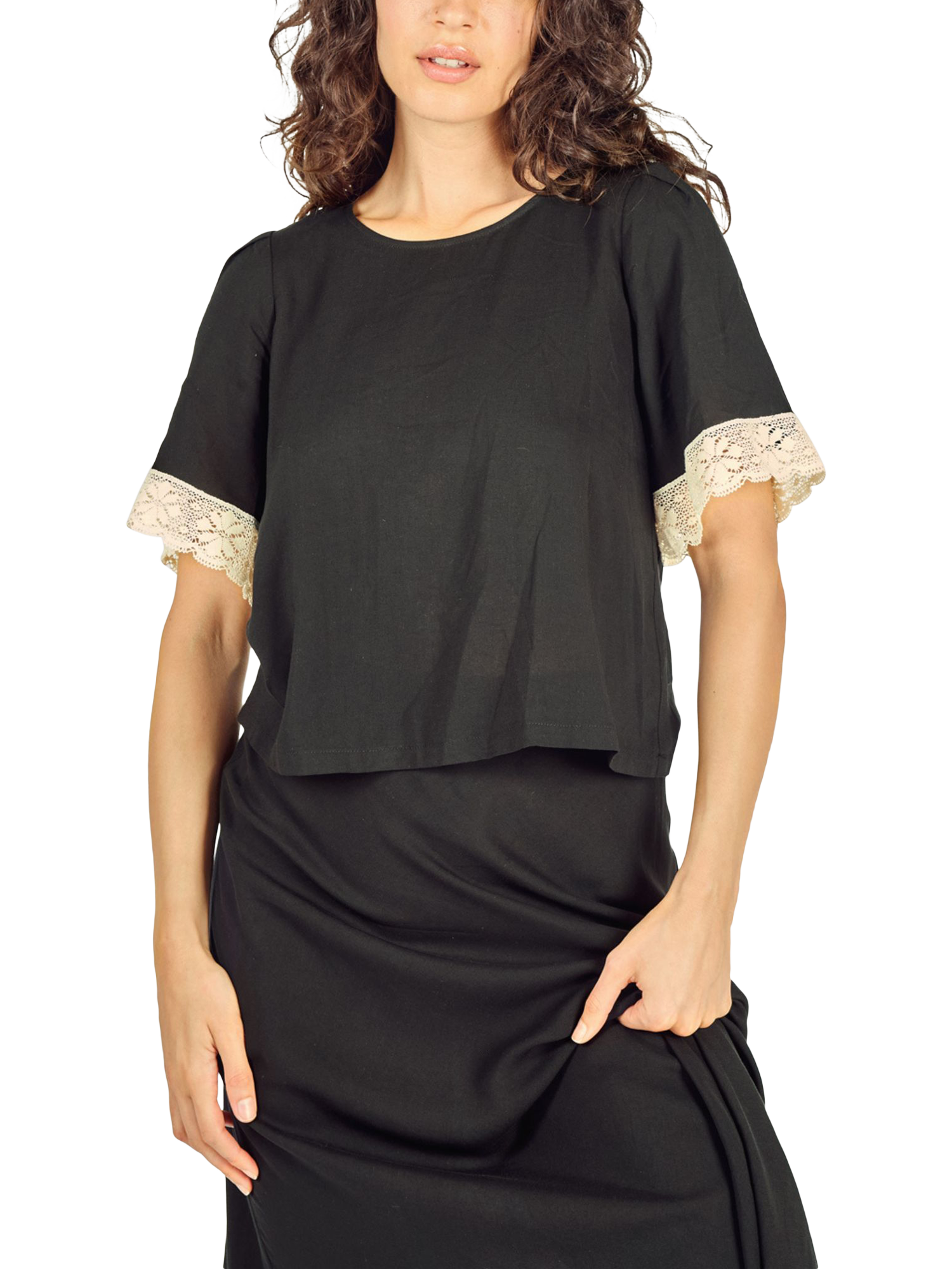 Product image 1 of 6, which shows Traffic People Happy Days Whisper Lace Trim Top, Black/Ivory, XS