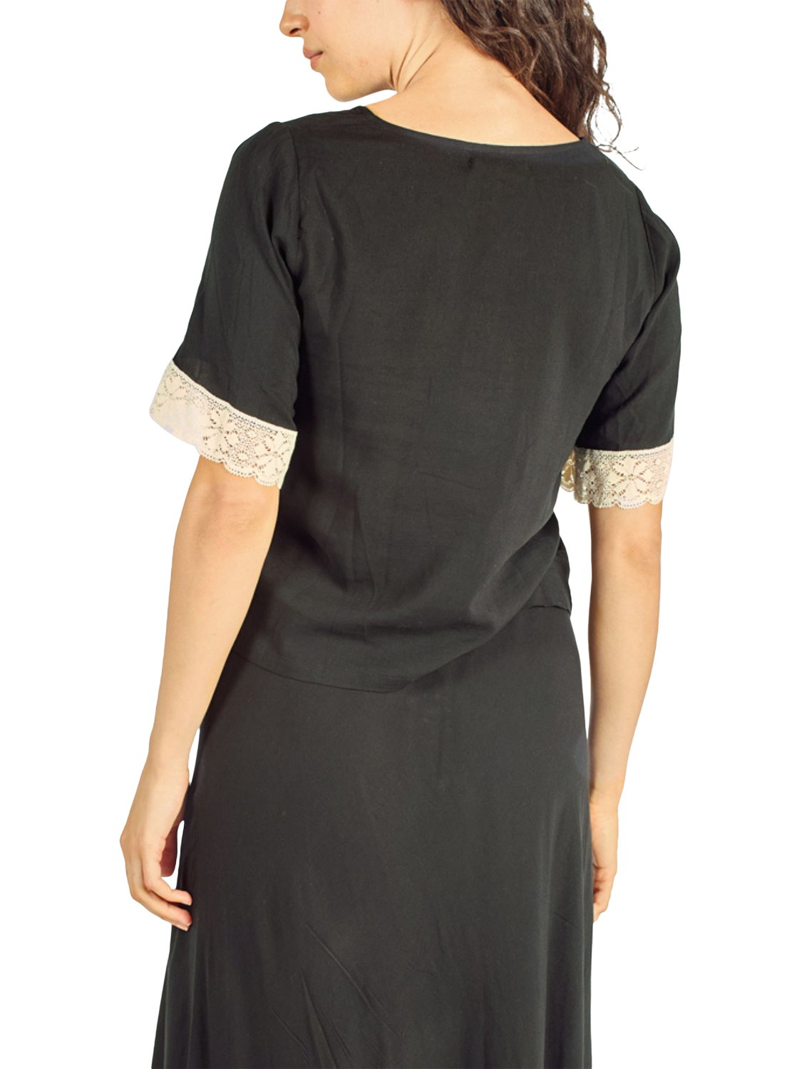 Product image 2 of 6, which shows Traffic People Happy Days Whisper Lace Trim Top, Black/Ivory, XS