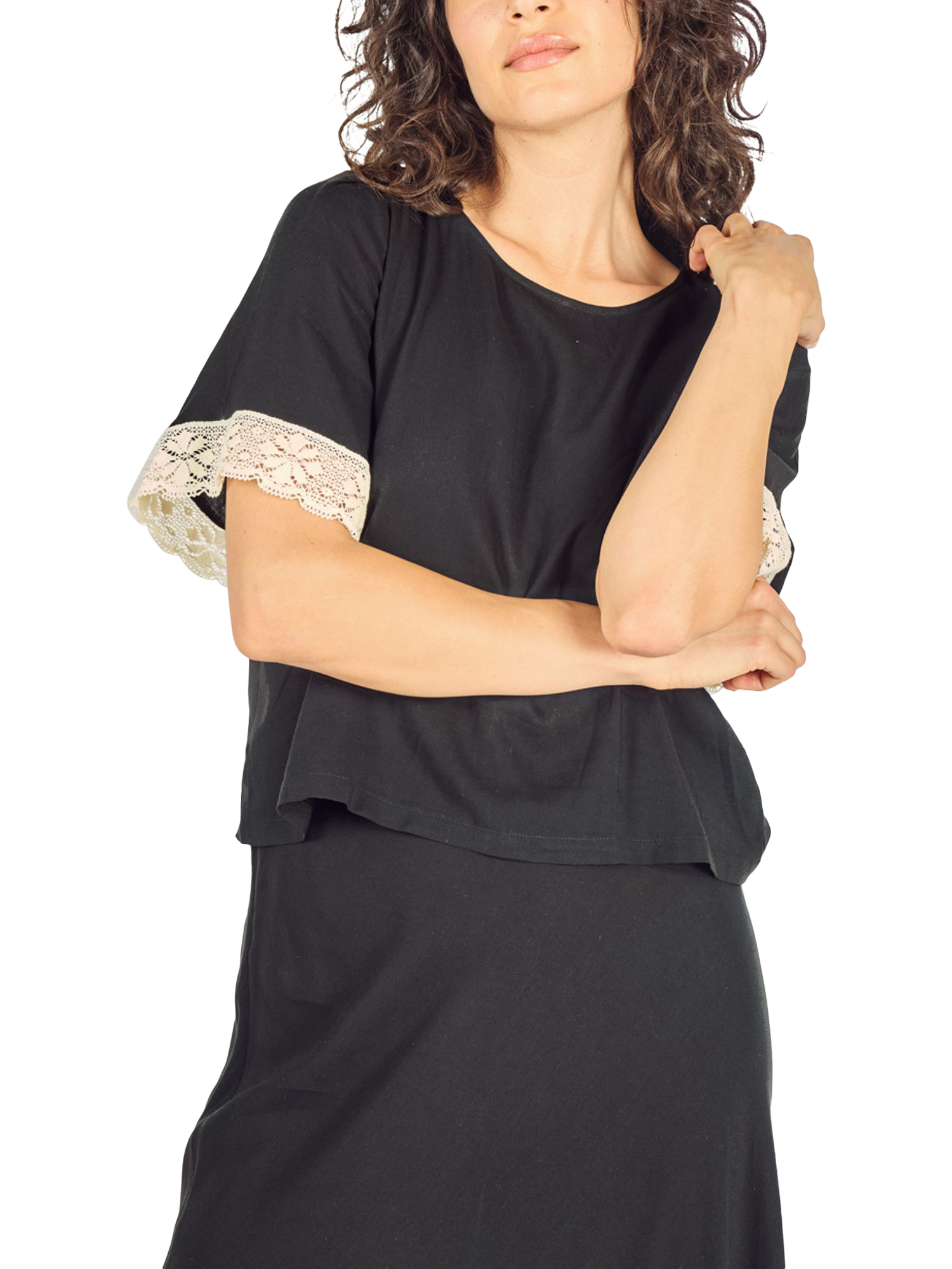 Product image 5 of 6, which shows Traffic People Happy Days Whisper Lace Trim Top, Black/Ivory, XS