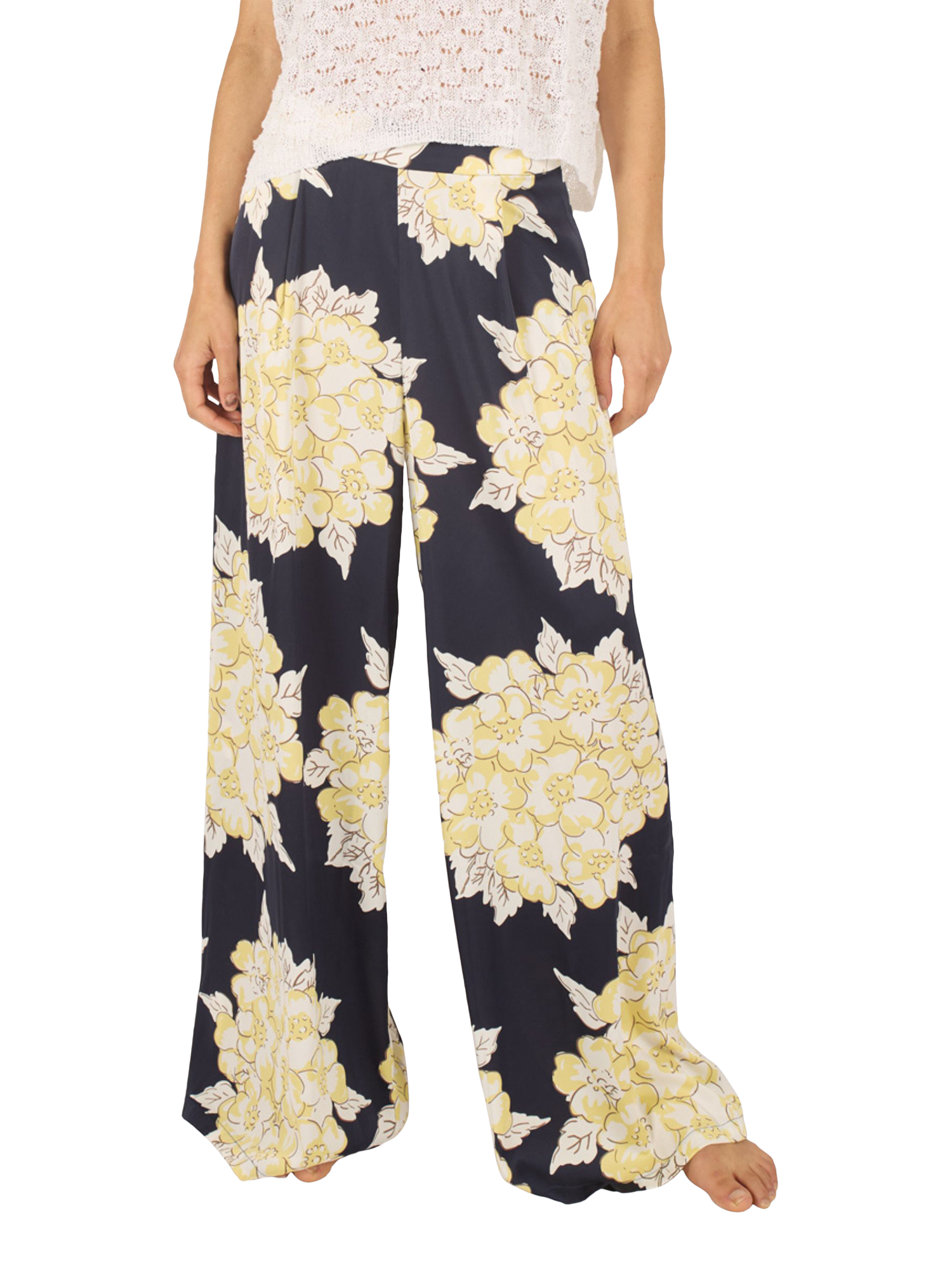 Product image 1 of 6, which shows Traffic People Evie Blooming Lovely Wide Leg Trousers, Navy/Cream, XS