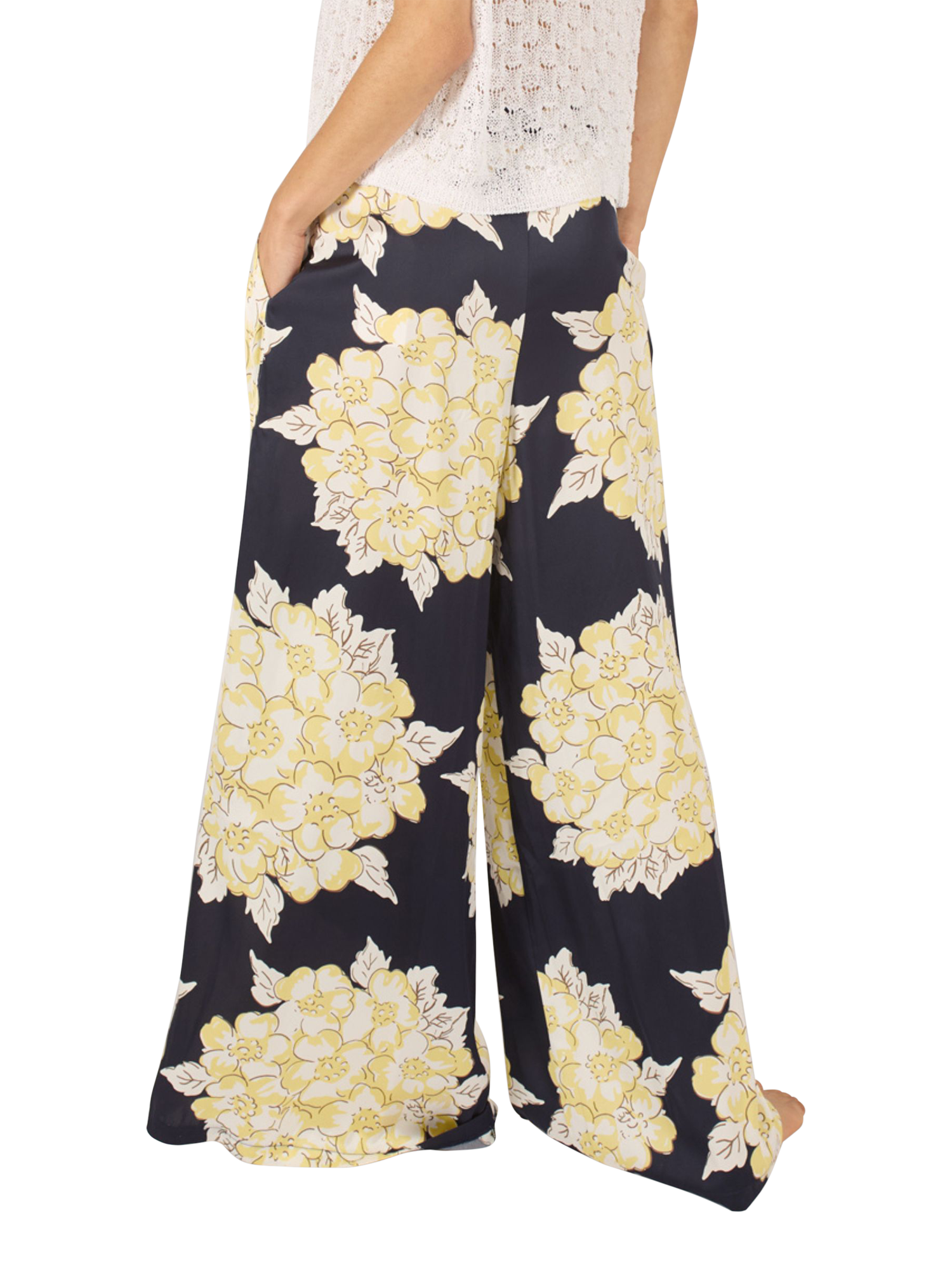 Product image 2 of 6, which shows Traffic People Evie Blooming Lovely Wide Leg Trousers, Navy/Cream, XS
