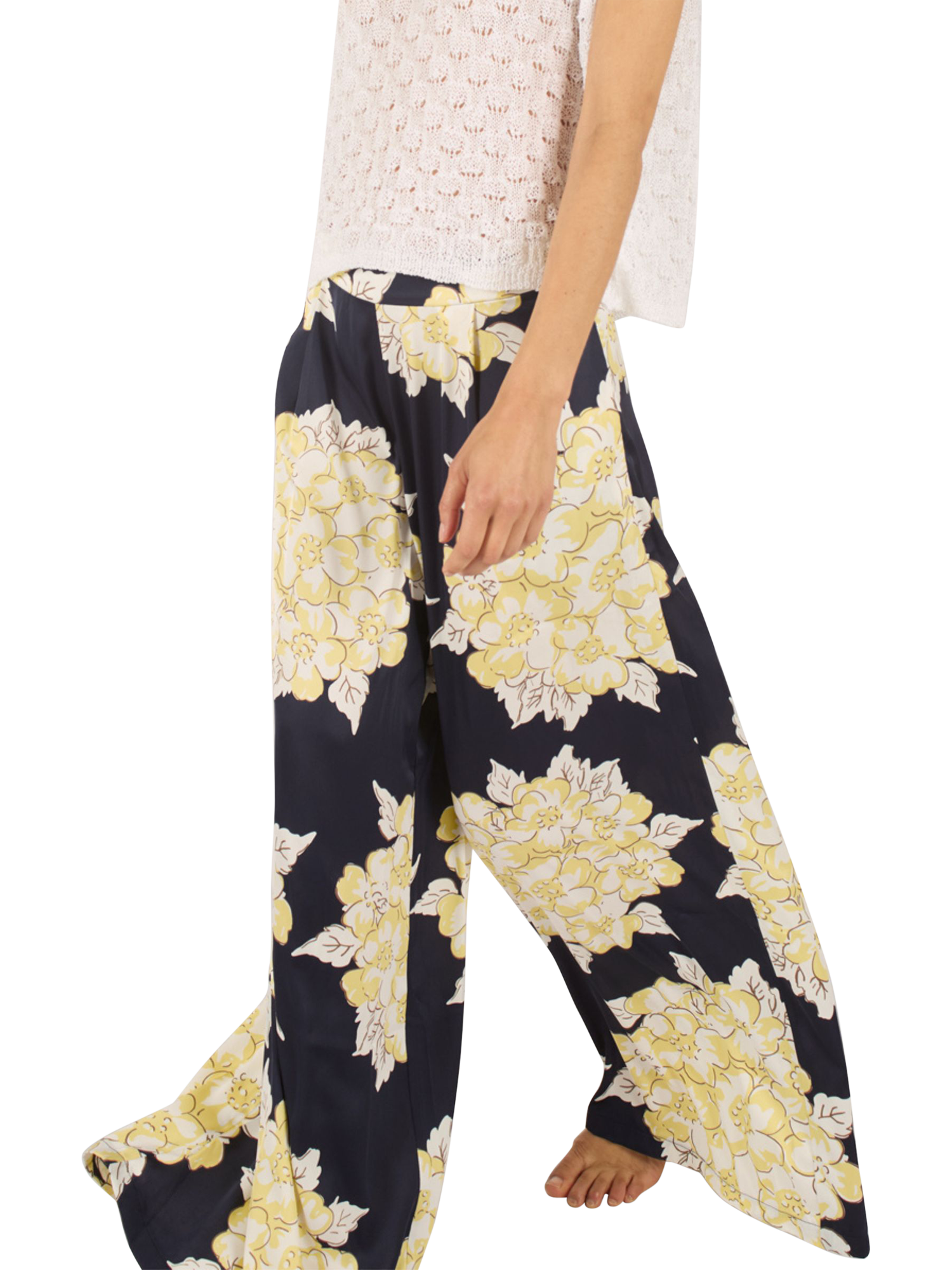 Product image 3 of 6, which shows Traffic People Evie Blooming Lovely Wide Leg Trousers, Navy/Cream, XS