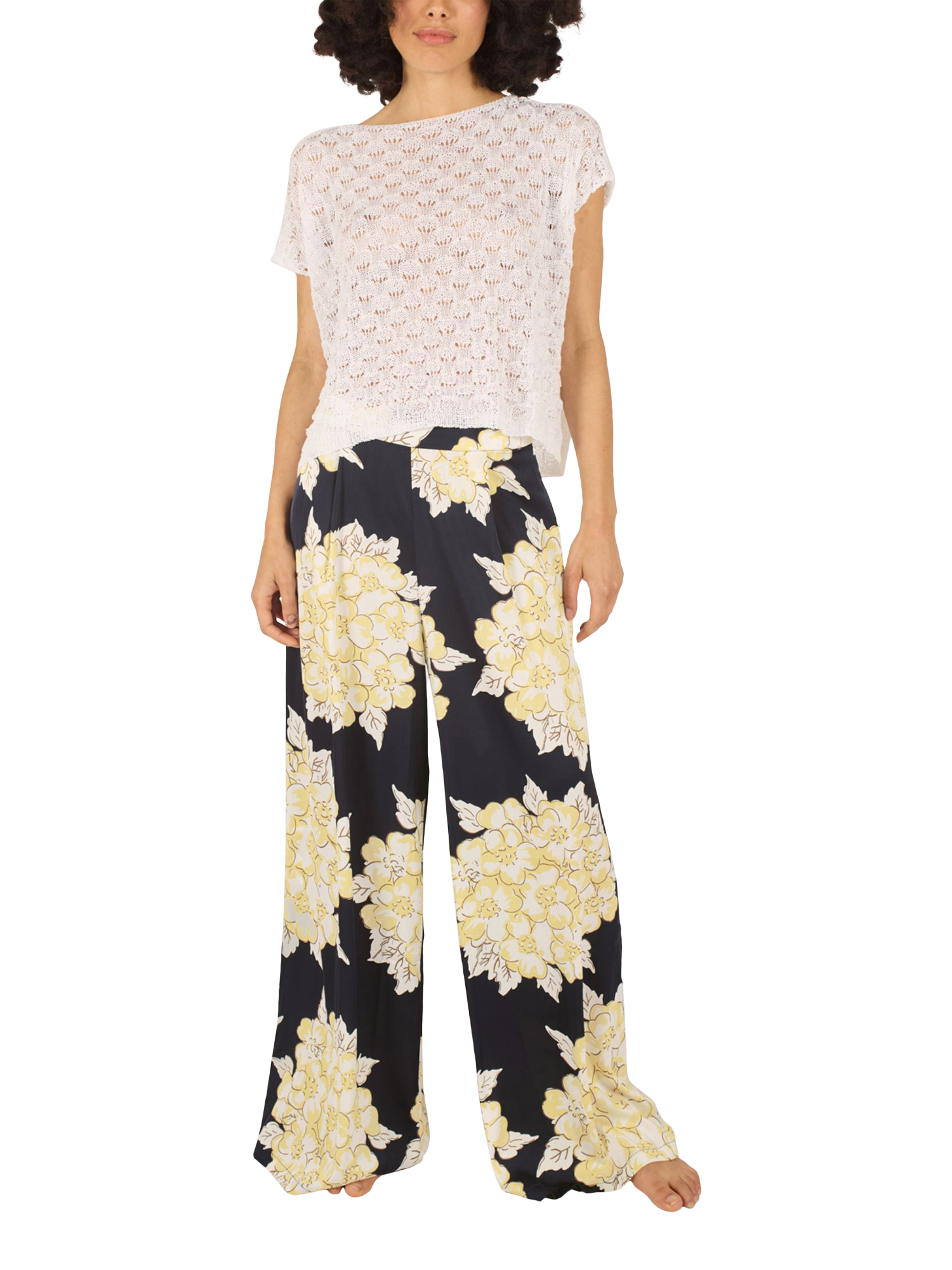 Product image 4 of 6, which shows Traffic People Evie Blooming Lovely Wide Leg Trousers, Navy/Cream, XS