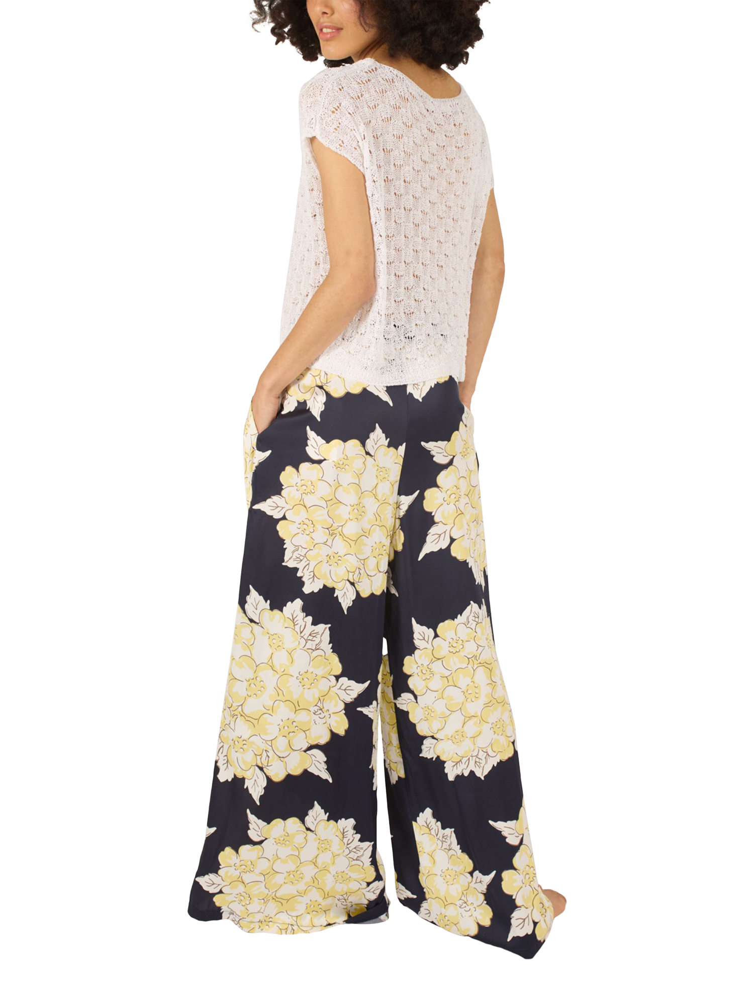 Product image 5 of 6, which shows Traffic People Evie Blooming Lovely Wide Leg Trousers, Navy/Cream, XS