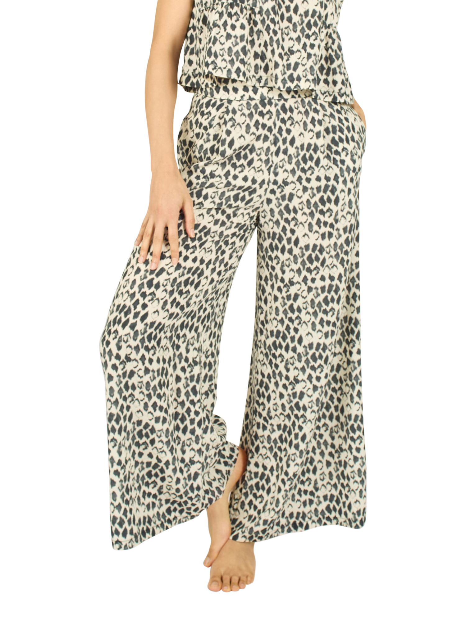 Product image 1 of 7, which shows Traffic People Evie Tropical Wide Leg Trousers, Multi, XS