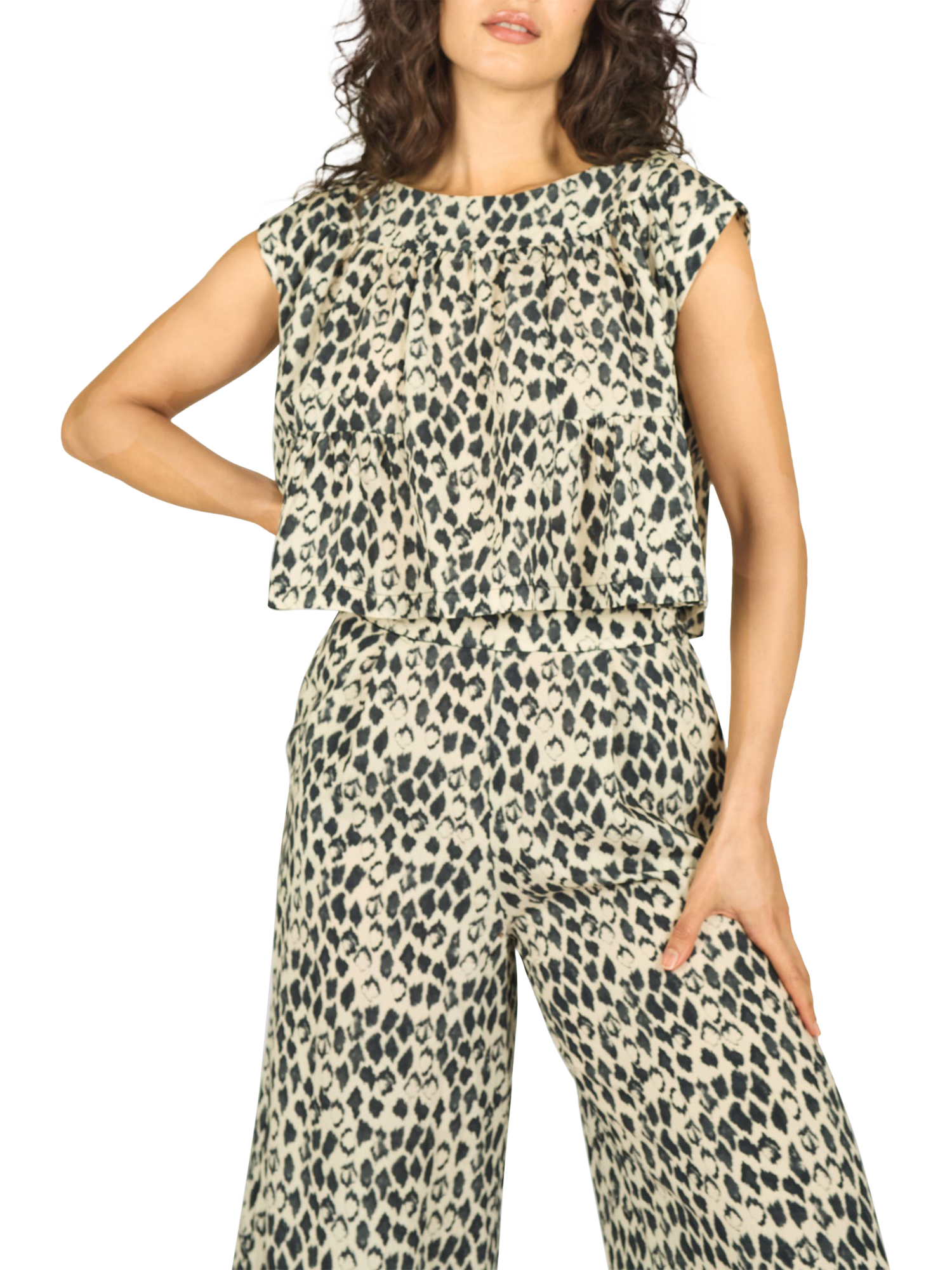 Product image 5 of 7, which shows Traffic People Evie Tropical Wide Leg Trousers, Multi, XS