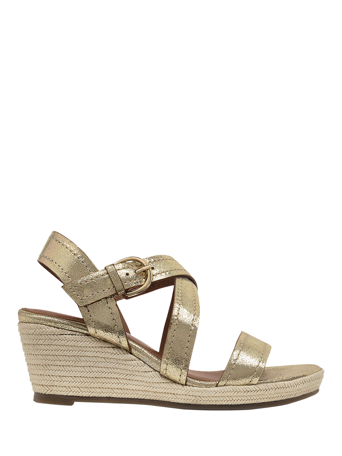 Product image 1 of 4, which shows Radley Lavender Road Leather Jute Wedge Heeled Sandals, Soft Gold, 6