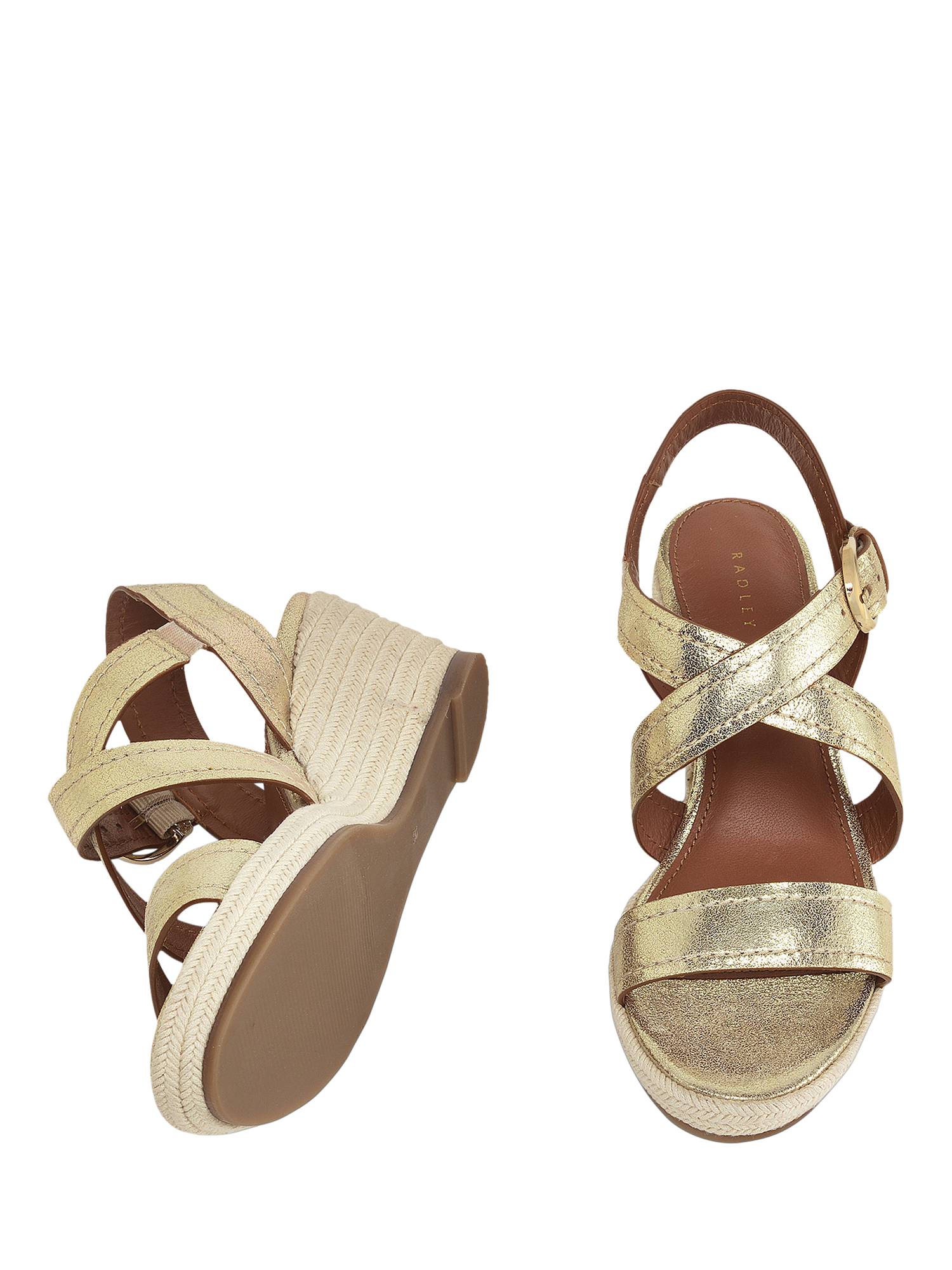 Product image 3 of 4, which shows Radley Lavender Road Leather Jute Wedge Heeled Sandals, Soft Gold, 6