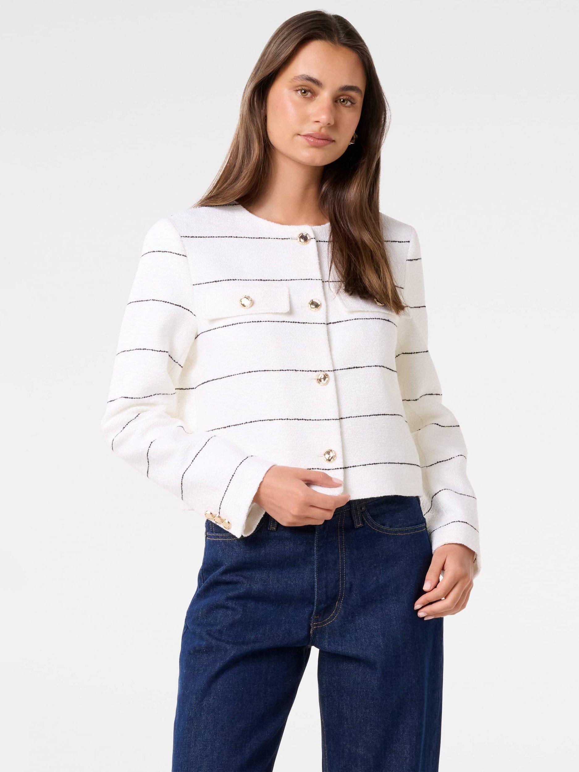 Product image 1 of 5, which shows Forever New Lila Stripe Boucle Jacket, White/Black, 4