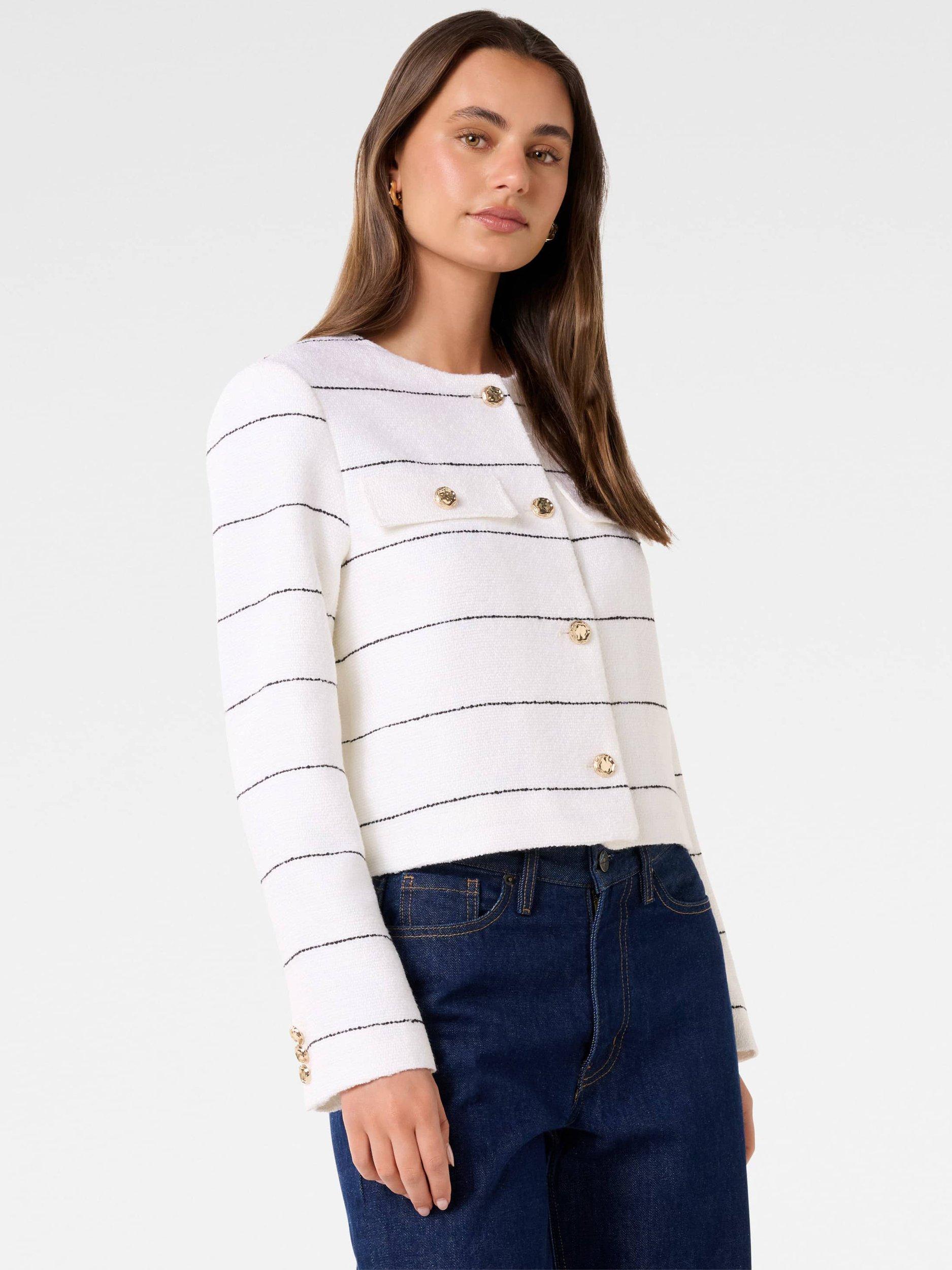 Product image 3 of 5, which shows Forever New Lila Stripe Boucle Jacket, White/Black, 4